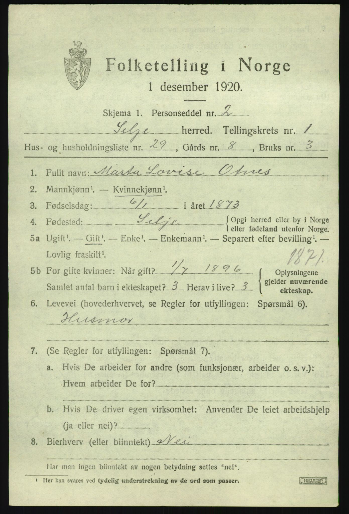 SAB, 1920 census for Selje, 1920, p. 1523