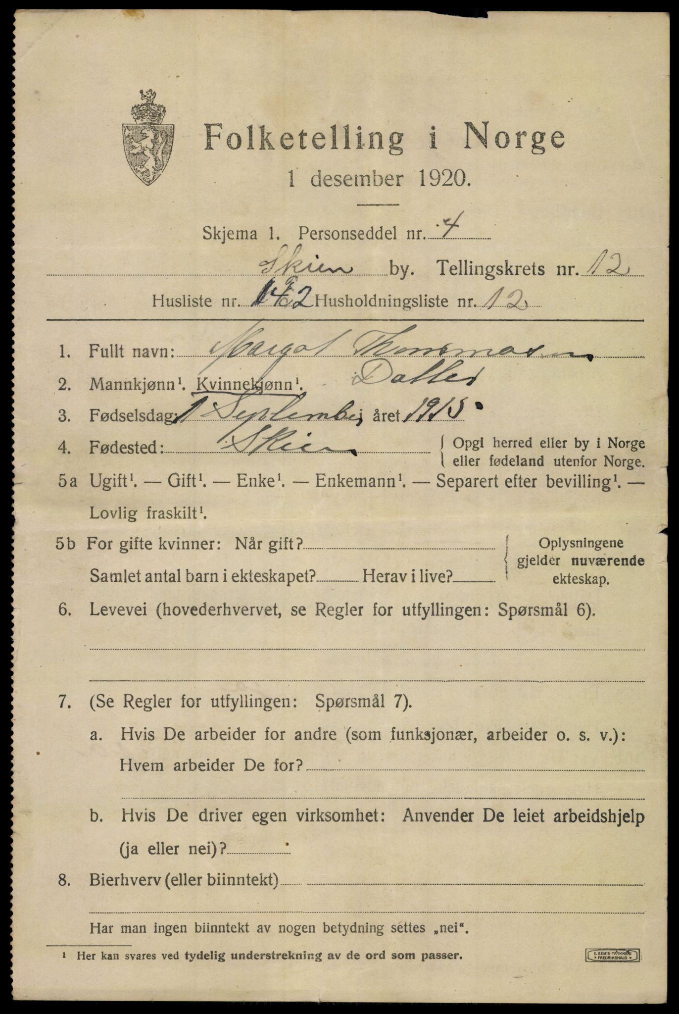 SAKO, 1920 census for Skien, 1920, p. 39478