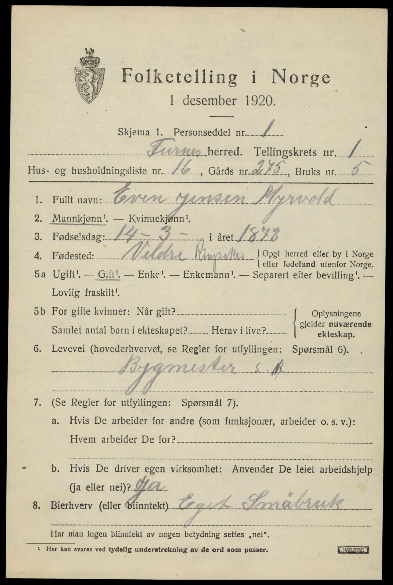 SAH, 1920 census for Furnes, 1920, p. 1821
