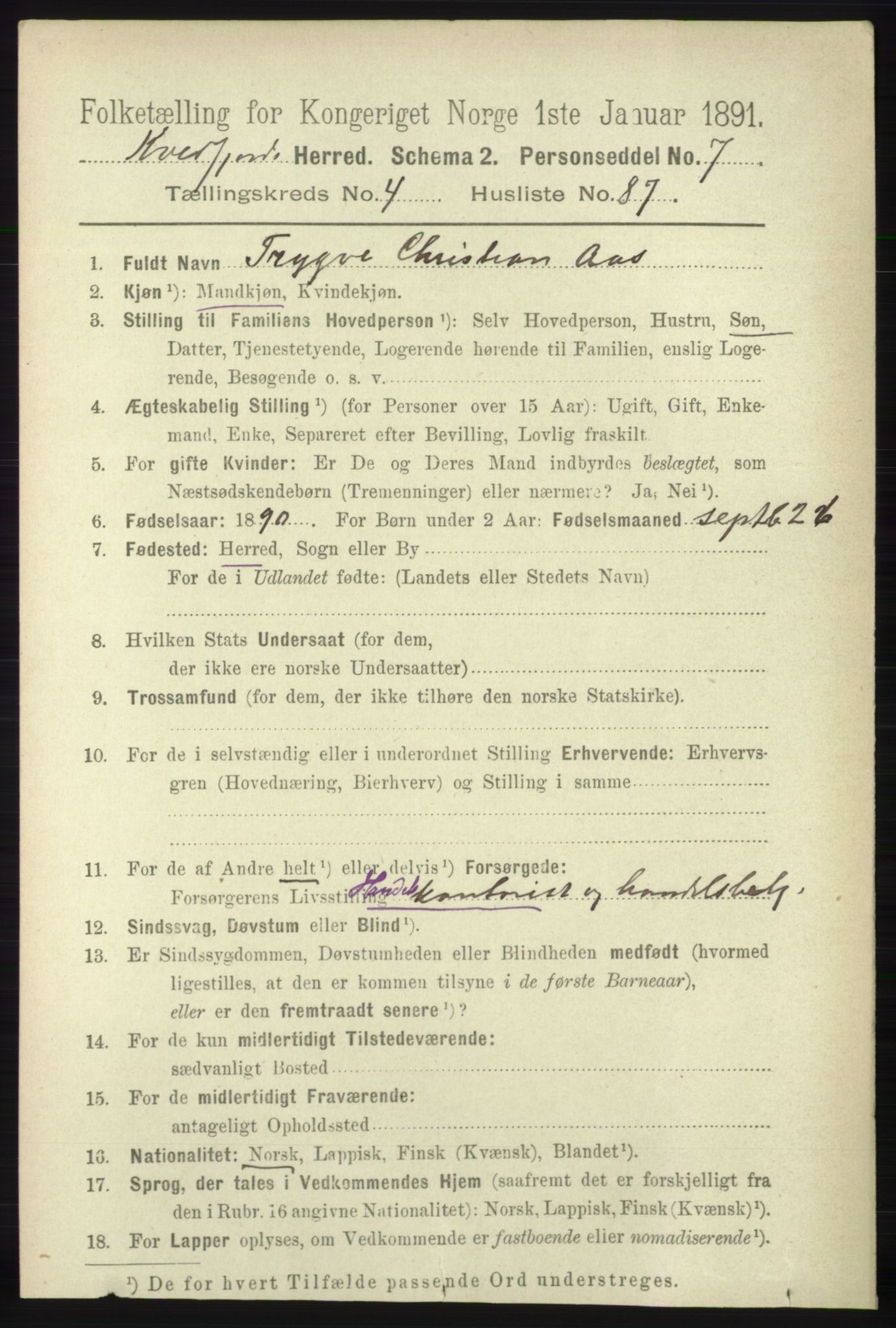 RA, 1891 census for 1911 Kvæfjord, 1891, p. 2500