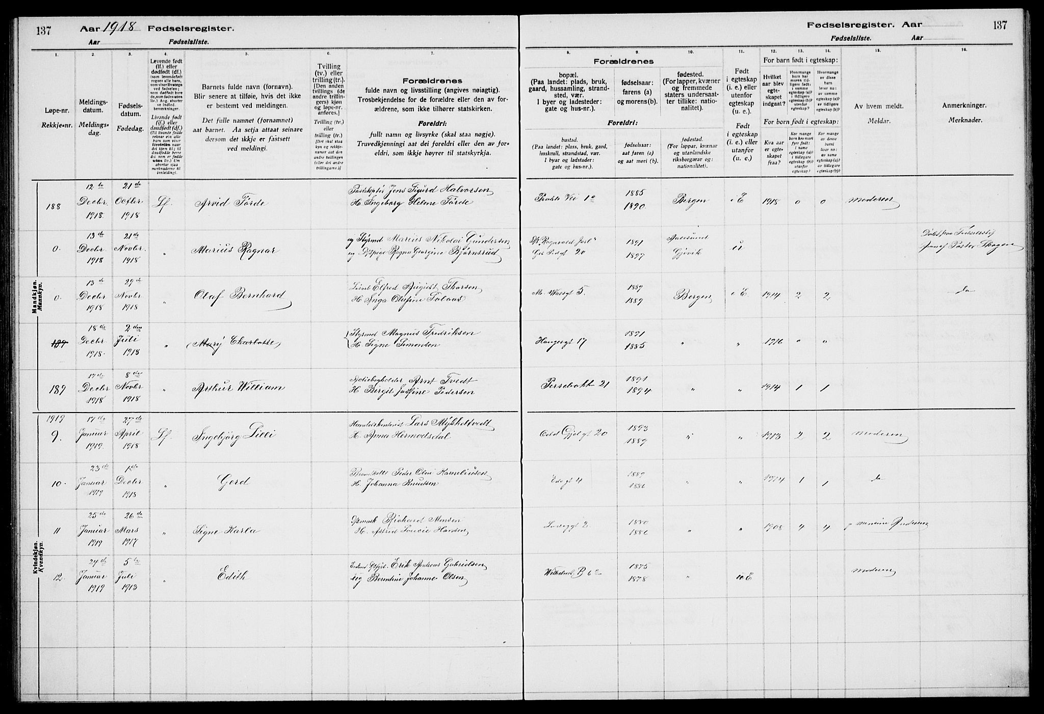 Sandviken Sokneprestembete, AV/SAB-A-77601/I/Ib/L00A1: Birth register no. A 1, 1915-1920, p. 137