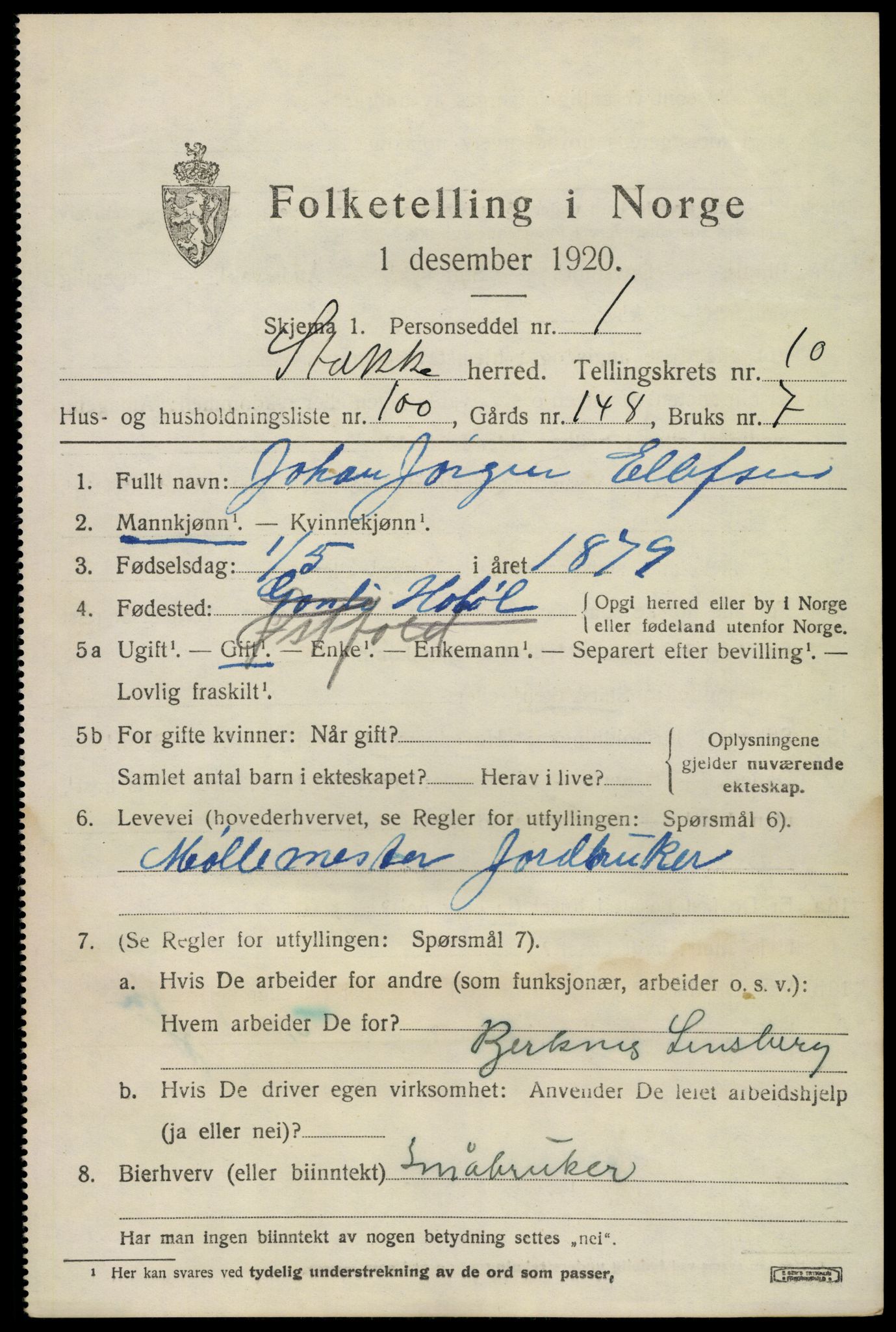 SAKO, 1920 census for Stokke, 1920, p. 12232