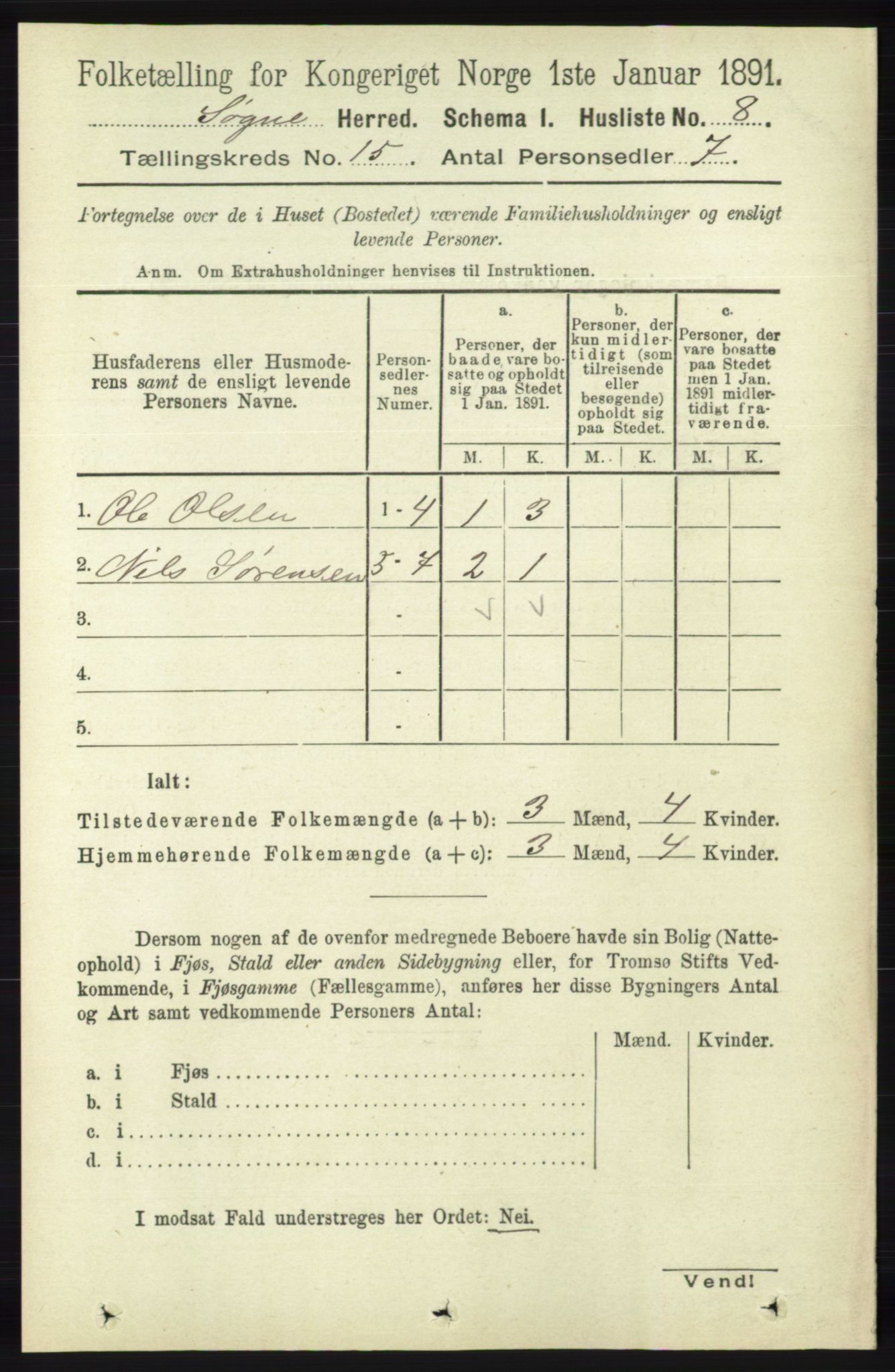 RA, 1891 census for 1018 Søgne, 1891, p. 3805