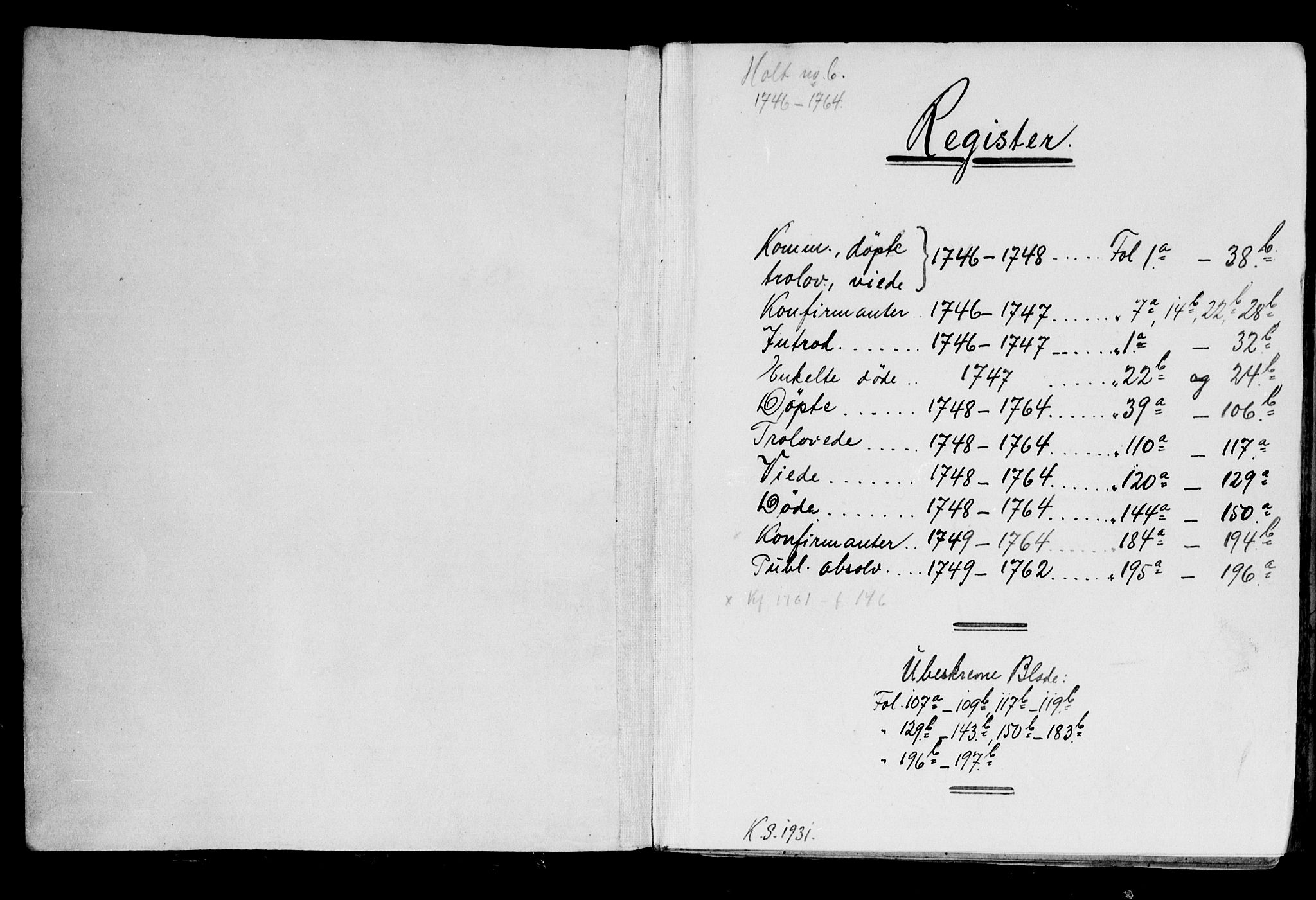 Holt sokneprestkontor, SAK/1111-0021/F/Fb/L0005: Parish register (copy) no. B 5, 1746-1764