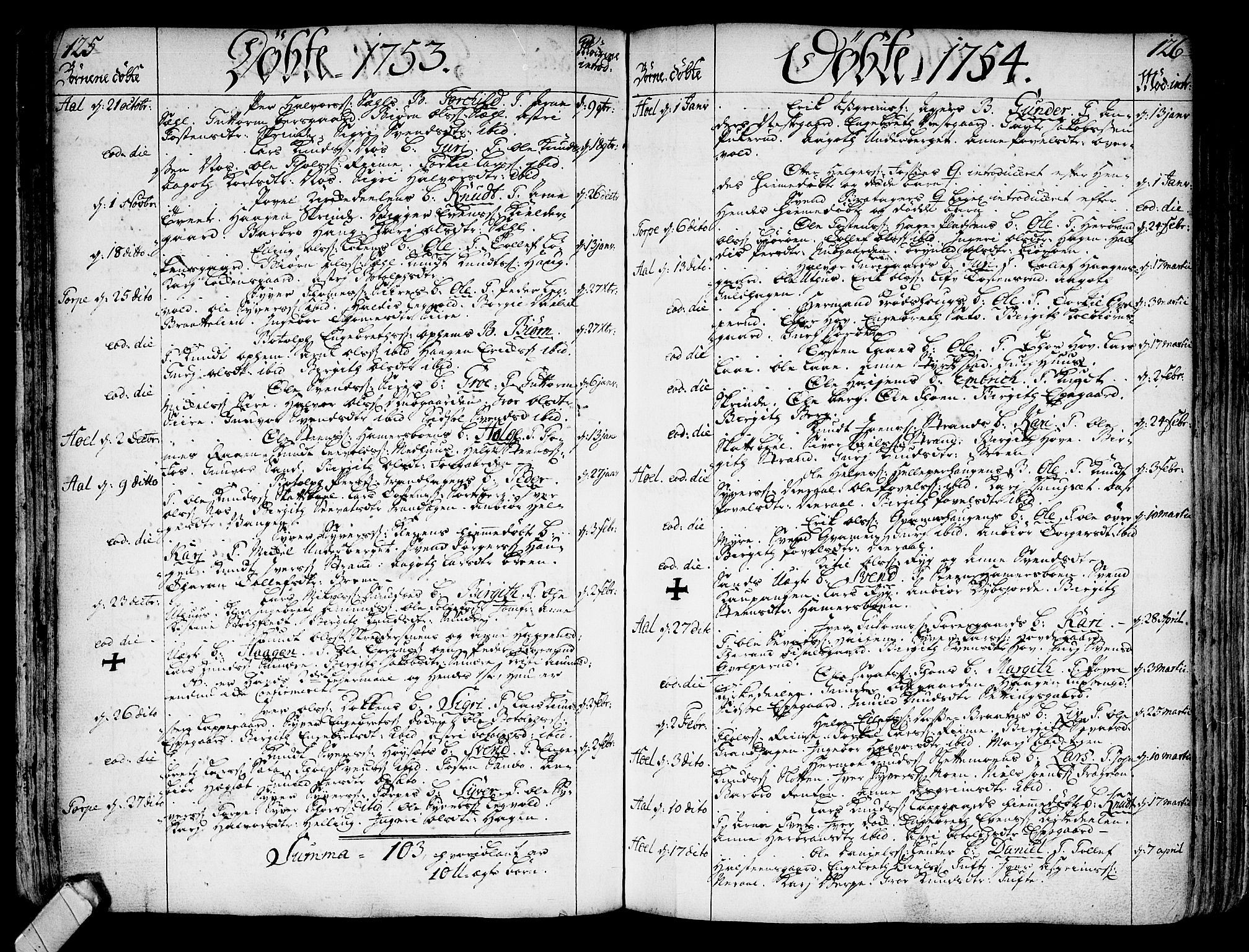 Ål kirkebøker, SAKO/A-249/F/Fa/L0001: Parish register (official) no. I 1, 1744-1769, p. 125-126