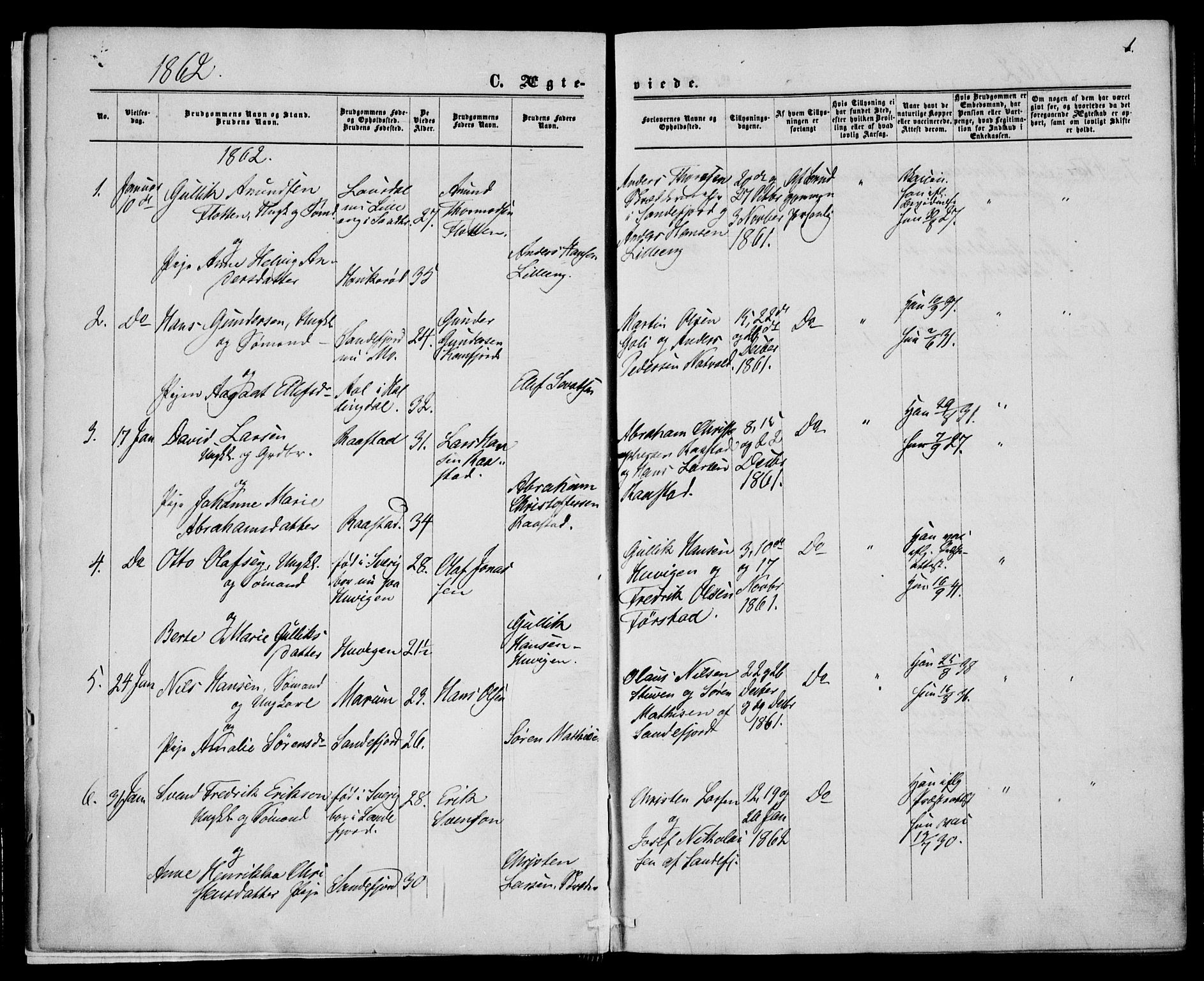 Sandar kirkebøker, SAKO/A-243/F/Fa/L0009: Parish register (official) no. 9, 1862-1871, p. 1