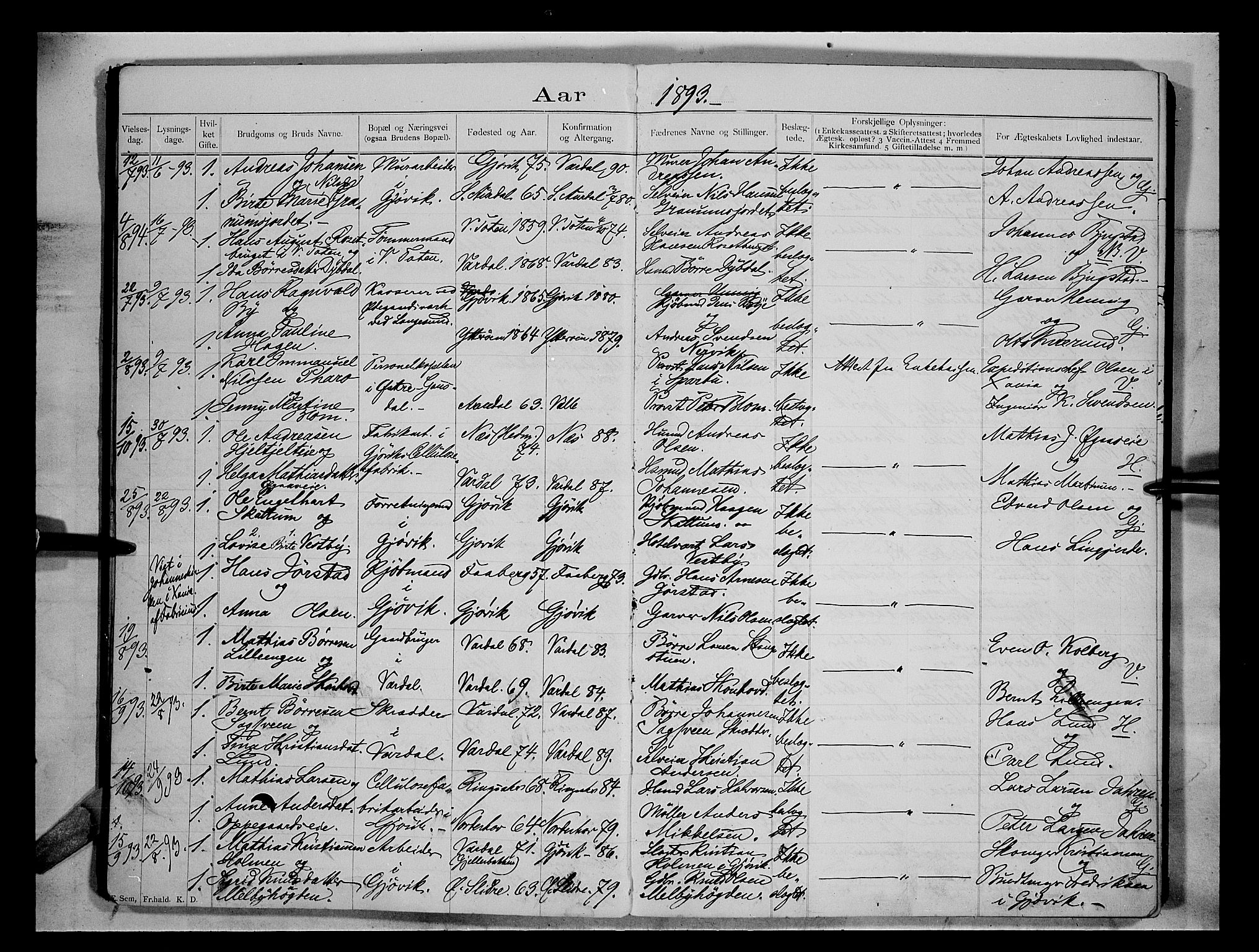 Vardal prestekontor, AV/SAH-PREST-100/H/Ha/Hab/L0004: Banns register no. 4, 1892-1907