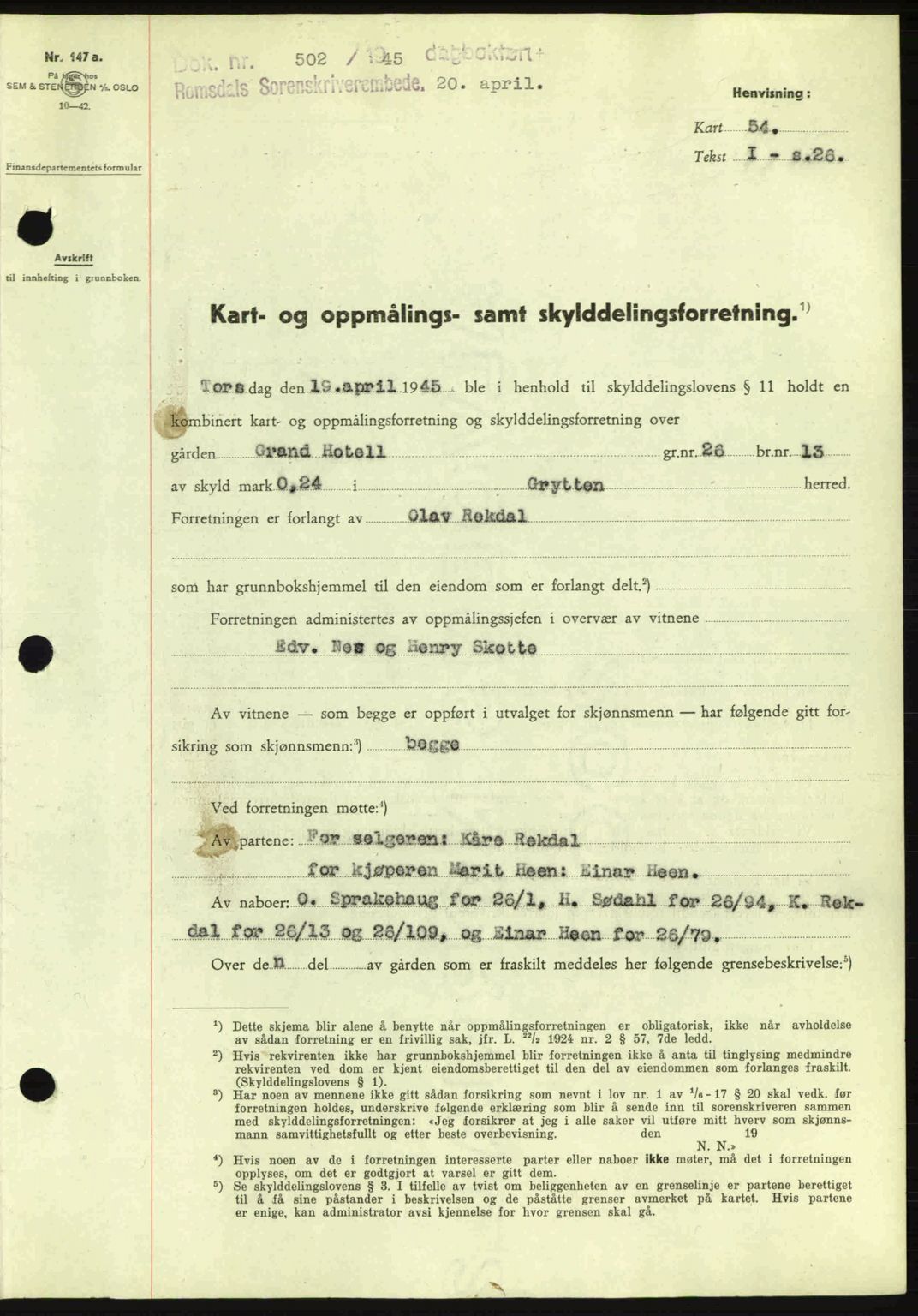 Romsdal sorenskriveri, AV/SAT-A-4149/1/2/2C: Mortgage book no. A17, 1944-1945, Diary no: : 502/1945