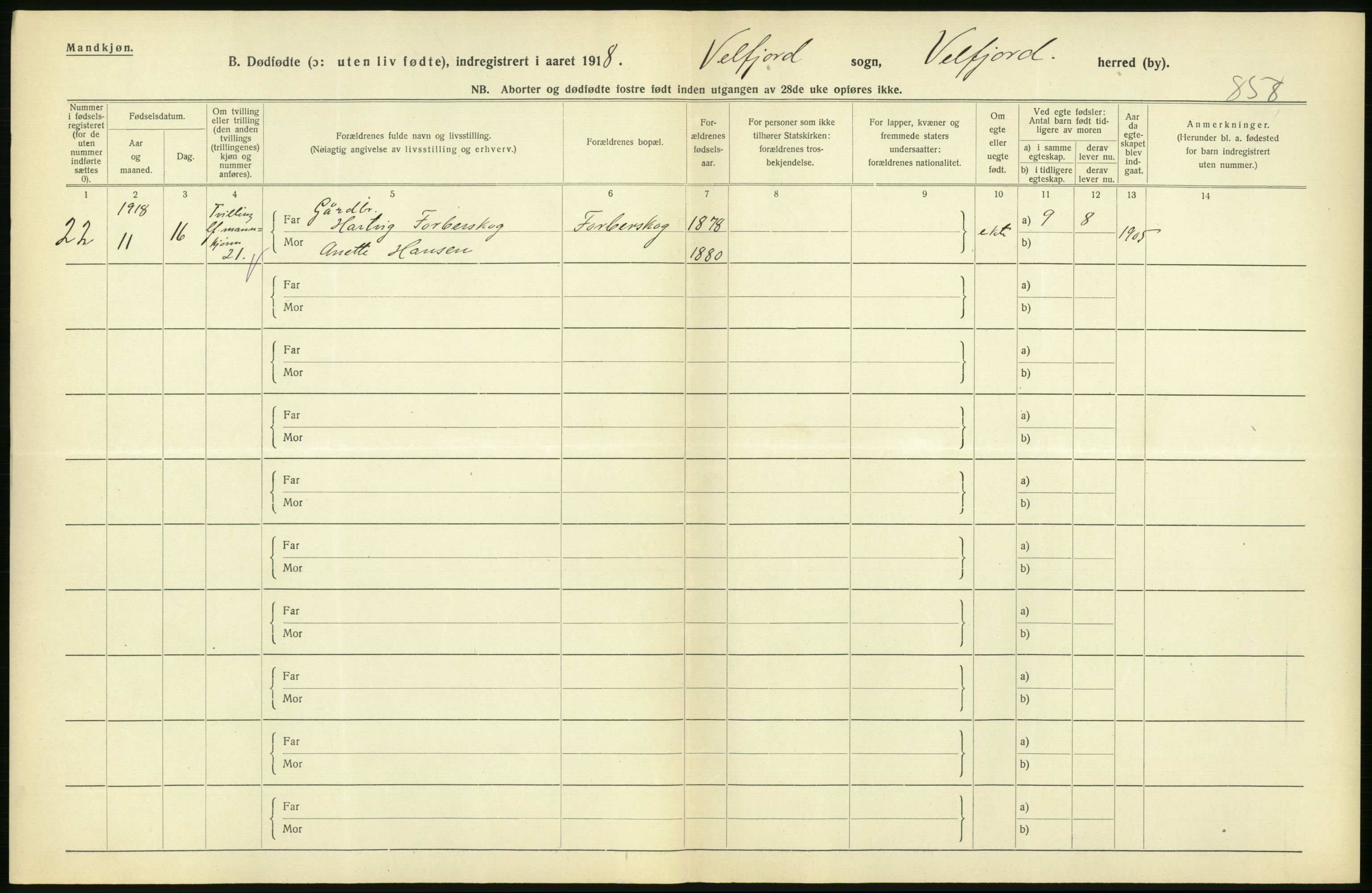 Statistisk sentralbyrå, Sosiodemografiske emner, Befolkning, RA/S-2228/D/Df/Dfb/Dfbh/L0054: Nordland fylke: Gifte, dødfødte. Bygder og byer., 1918, p. 386