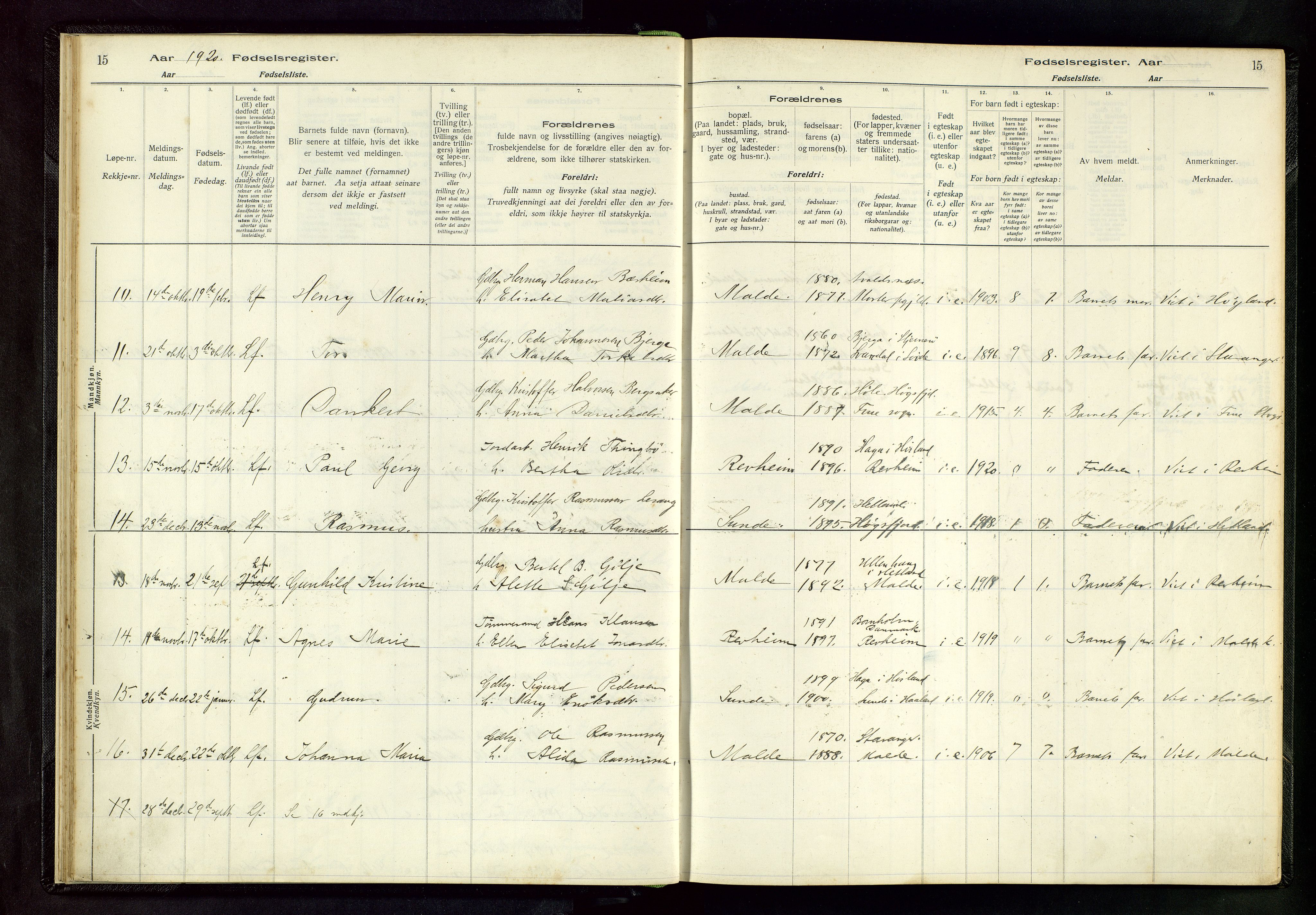 Håland sokneprestkontor, AV/SAST-A-101802/002/A/L0005: Birth register no. 5, 1916-1957, p. 15