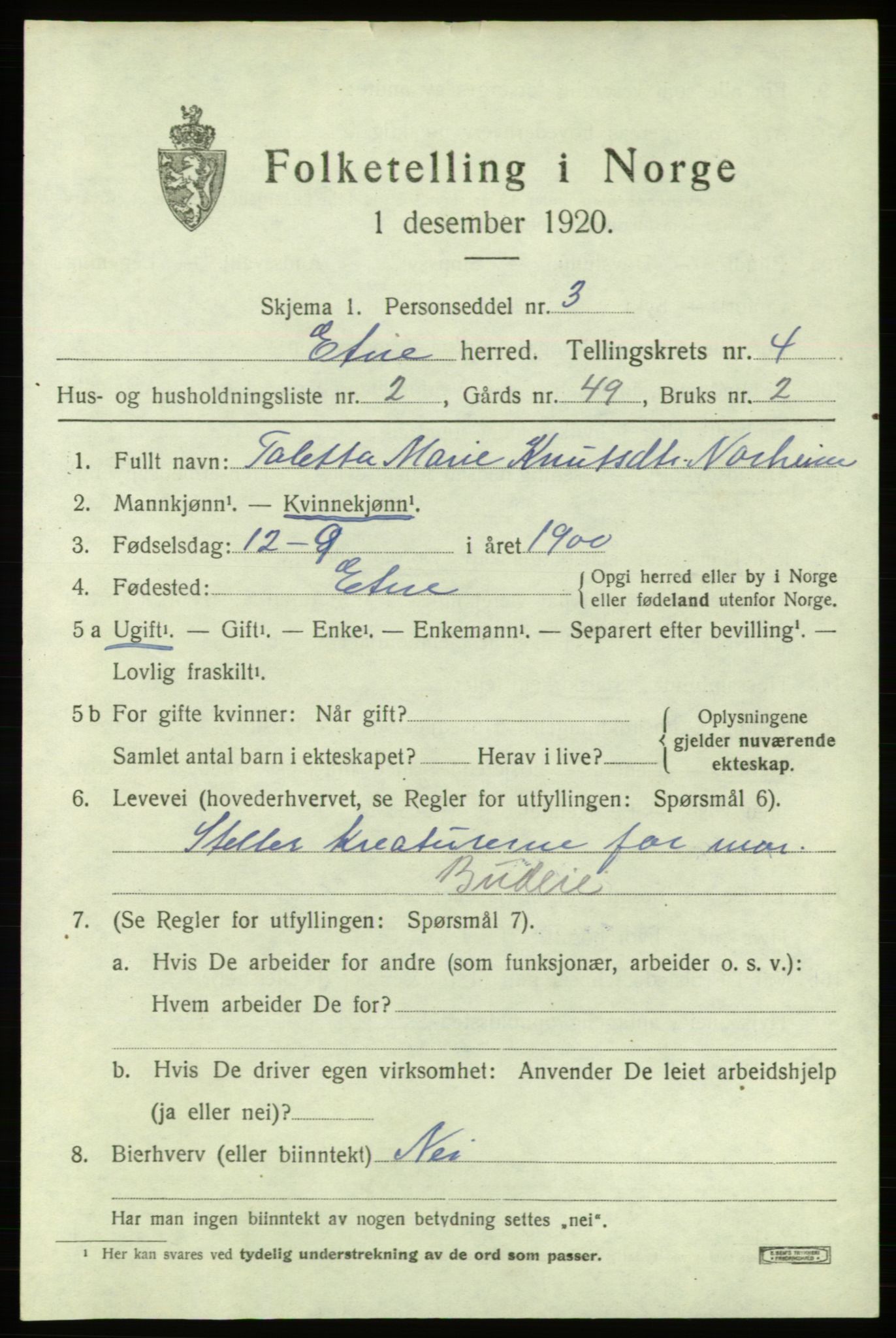 SAB, 1920 census for Etne, 1920, p. 2007