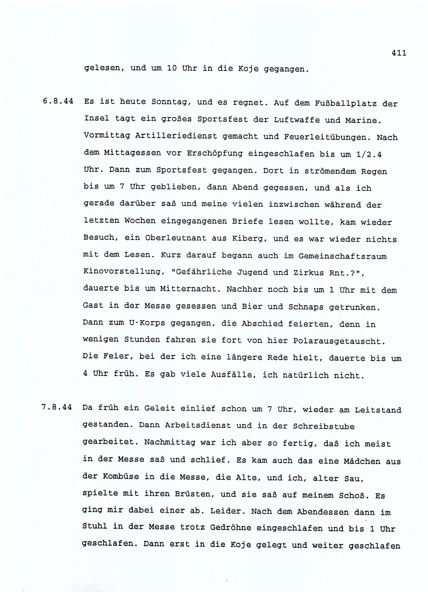 Dagbokopptegnelser av en tysk marineoffiser stasjonert i Norge , FMFB/A-1160/F/L0001: Dagbokopptegnelser av en tysk marineoffiser stasjonert i Norge, 1941-1944, p. 411