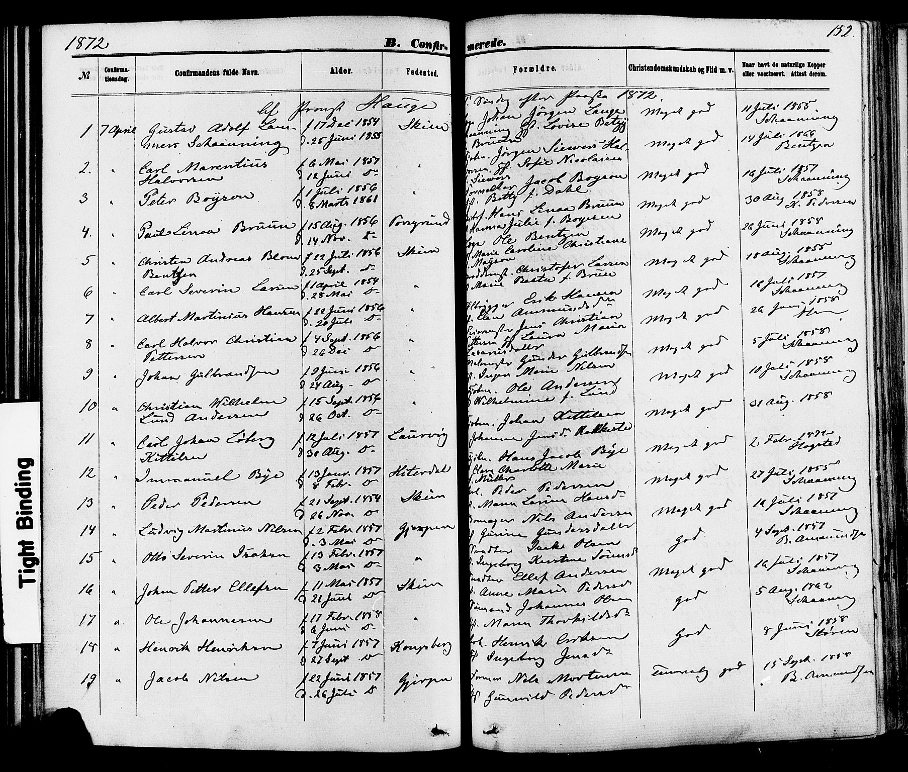 Skien kirkebøker, AV/SAKO-A-302/F/Fa/L0008: Parish register (official) no. 8, 1866-1877, p. 152