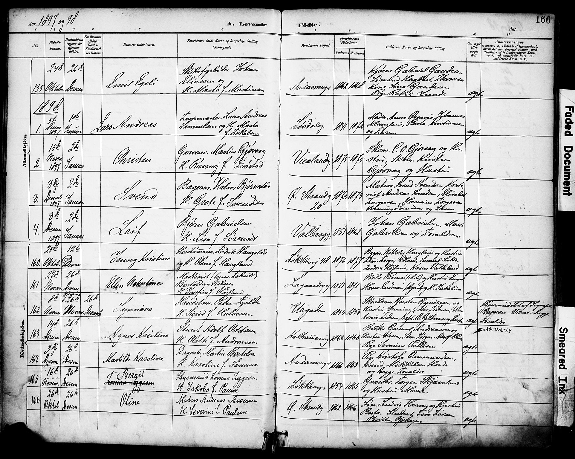 Domkirken sokneprestkontor, SAST/A-101812/001/30/30BA/L0030: Parish register (official) no. A 29, 1889-1902, p. 166