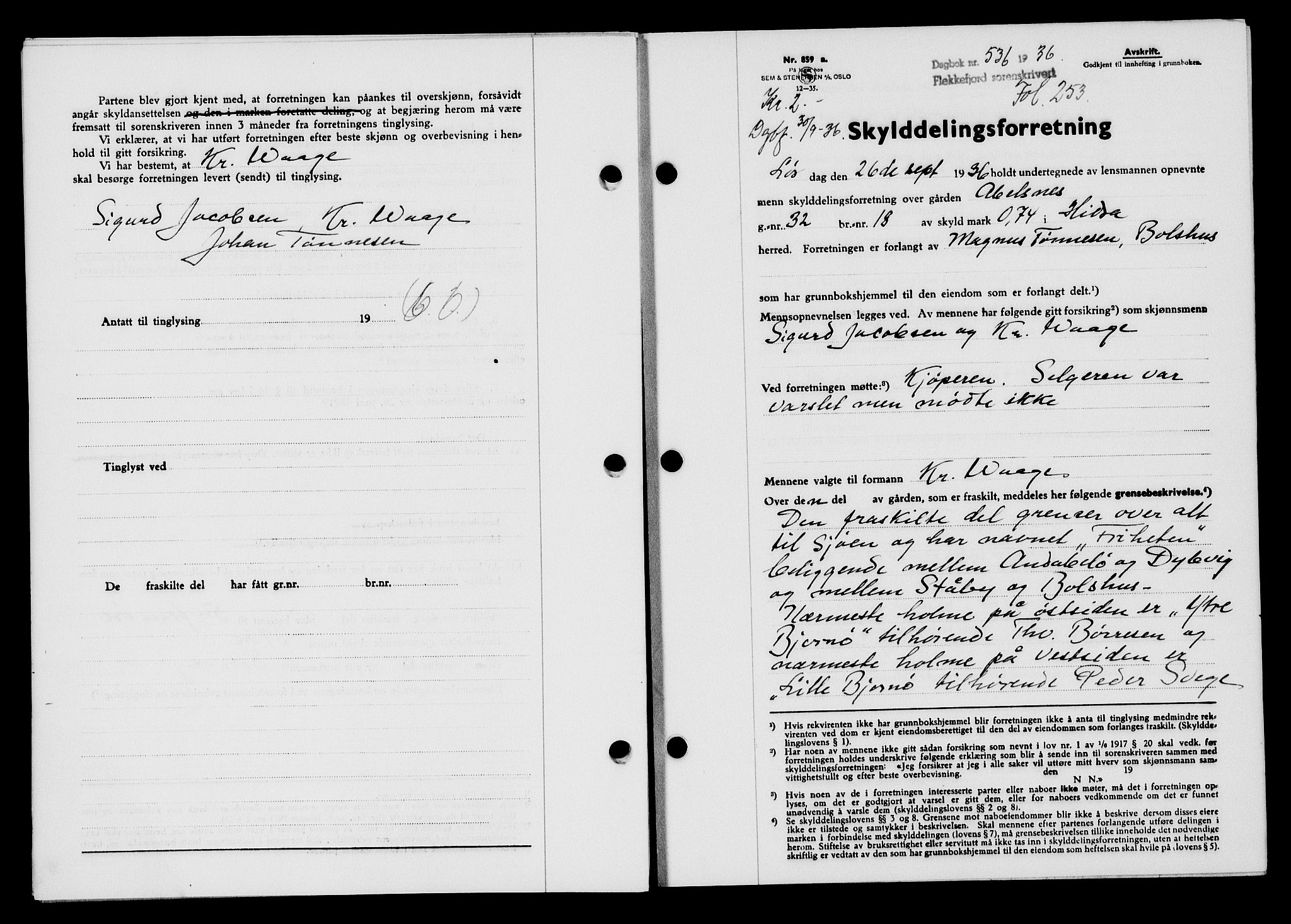 Flekkefjord sorenskriveri, SAK/1221-0001/G/Gb/Gba/L0053: Mortgage book no. A-1, 1936-1937, Diary no: : 536/1936