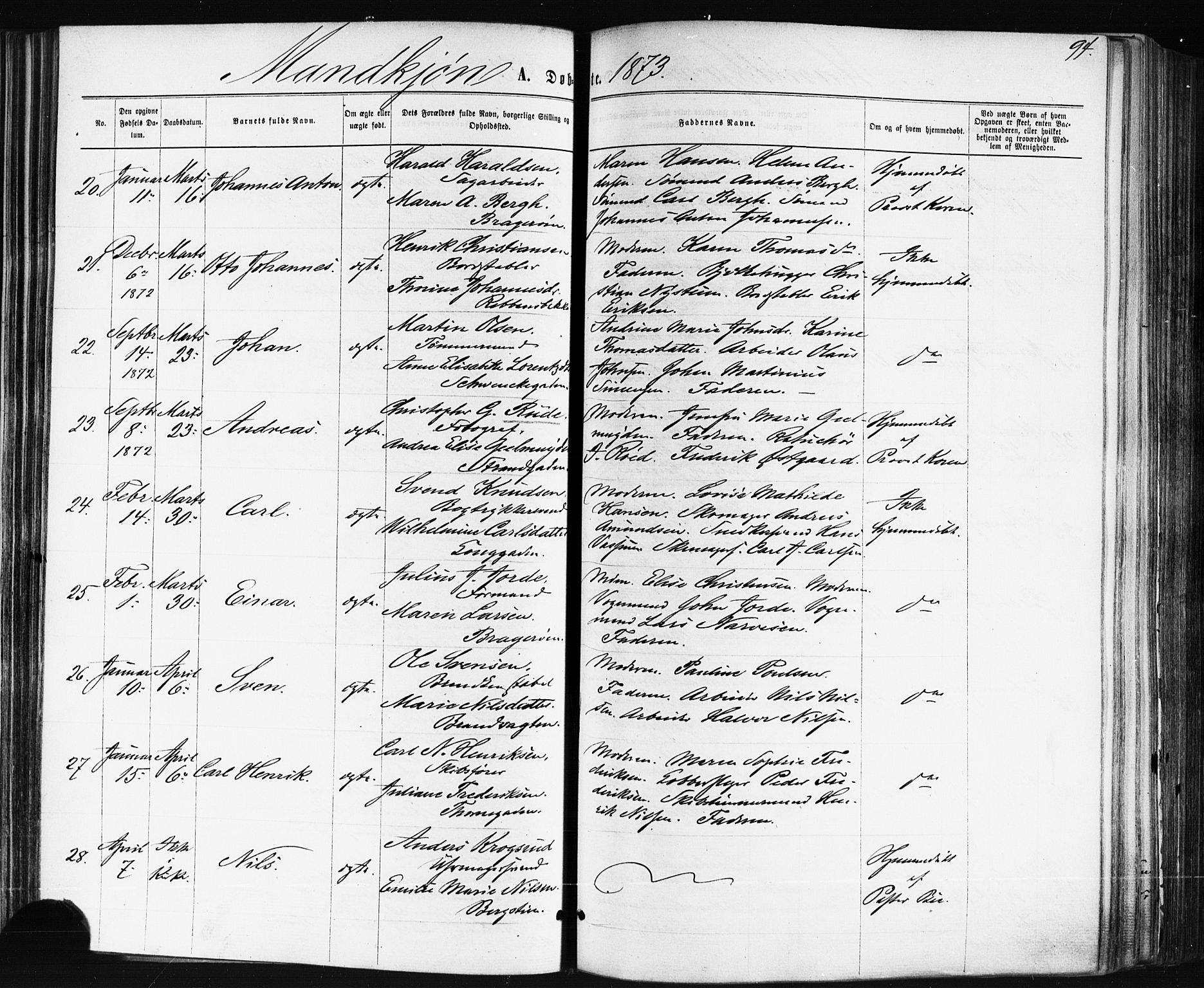 Bragernes kirkebøker, AV/SAKO-A-6/F/Fb/L0004: Parish register (official) no. II 4, 1869-1875, p. 94