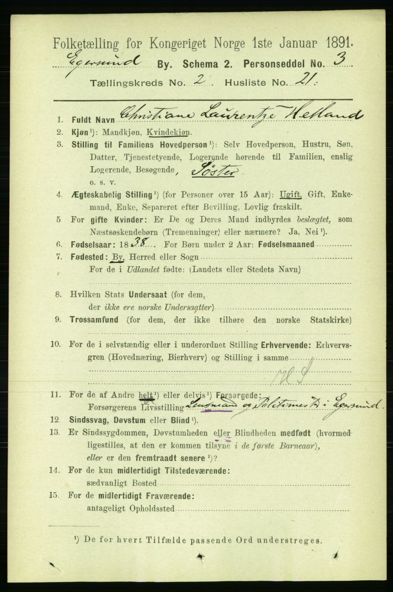 RA, 1891 census for 1101 Egersund, 1891, p. 393