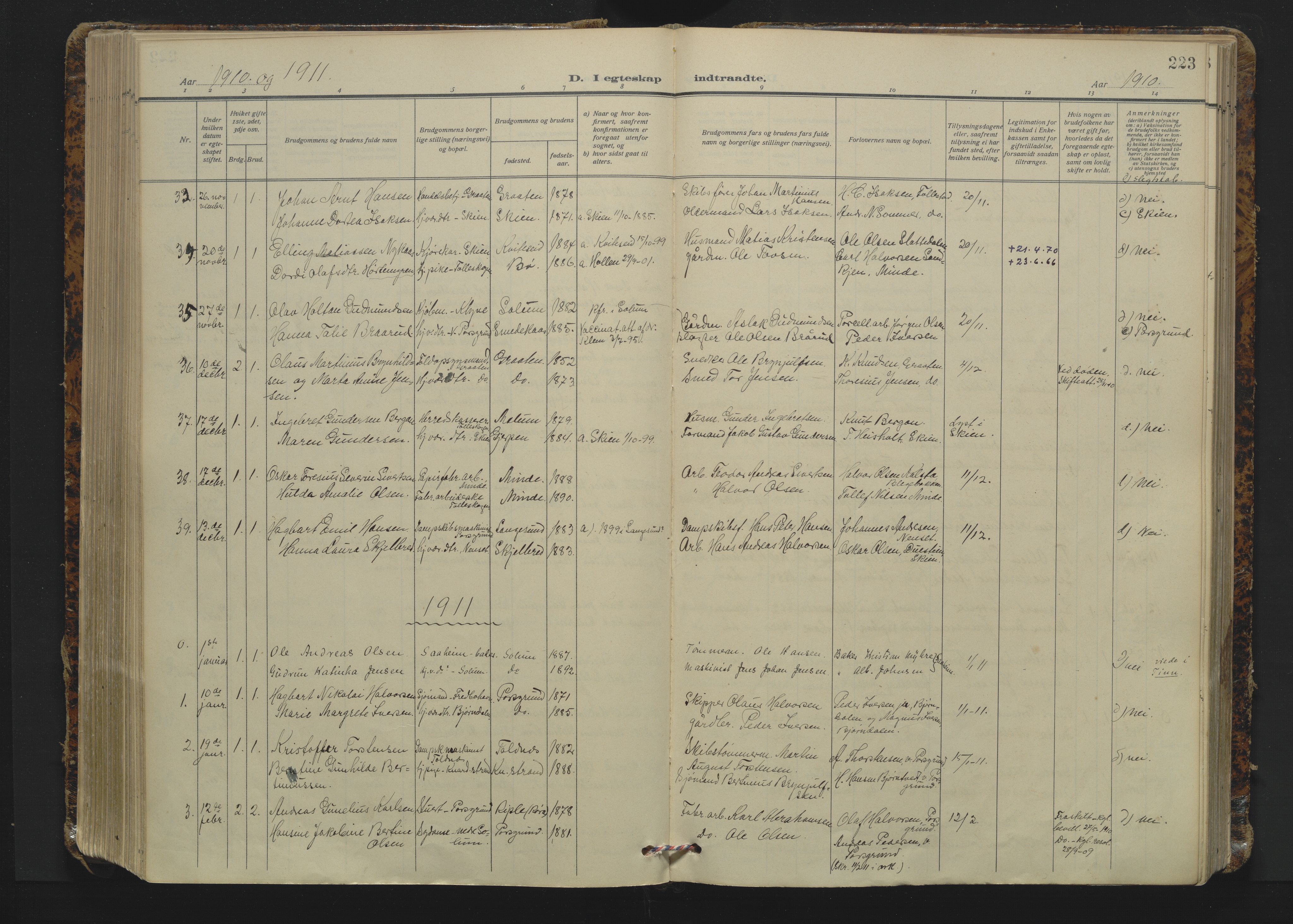 Solum kirkebøker, AV/SAKO-A-306/F/Fa/L0012: Parish register (official) no. I 12, 1909-1922, p. 223