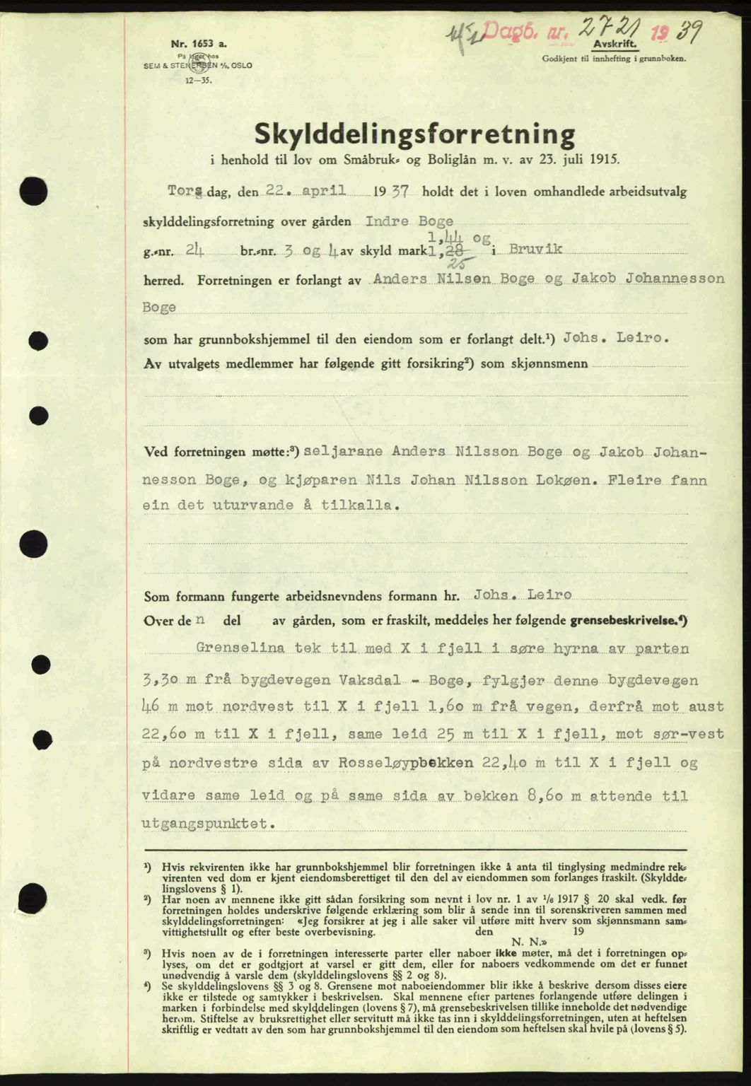 Nordhordland sorenskrivar, SAB/A-2901/1/G/Gb/Gbf/L0010: Mortgage book no. A10, 1939-1940, Diary no: : 2721/1939