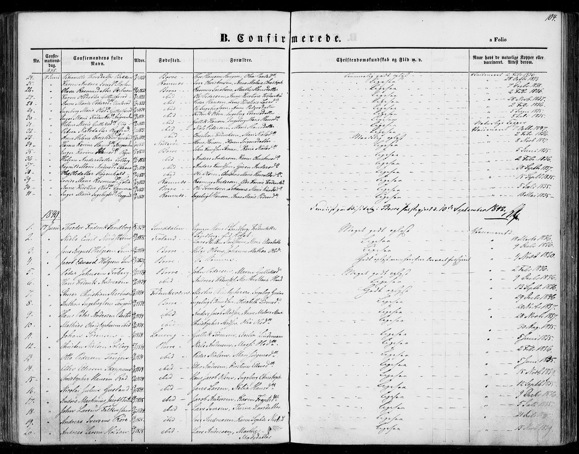 Borre kirkebøker, AV/SAKO-A-338/F/Fa/L0005: Parish register (official) no. I 5, 1845-1851, p. 104