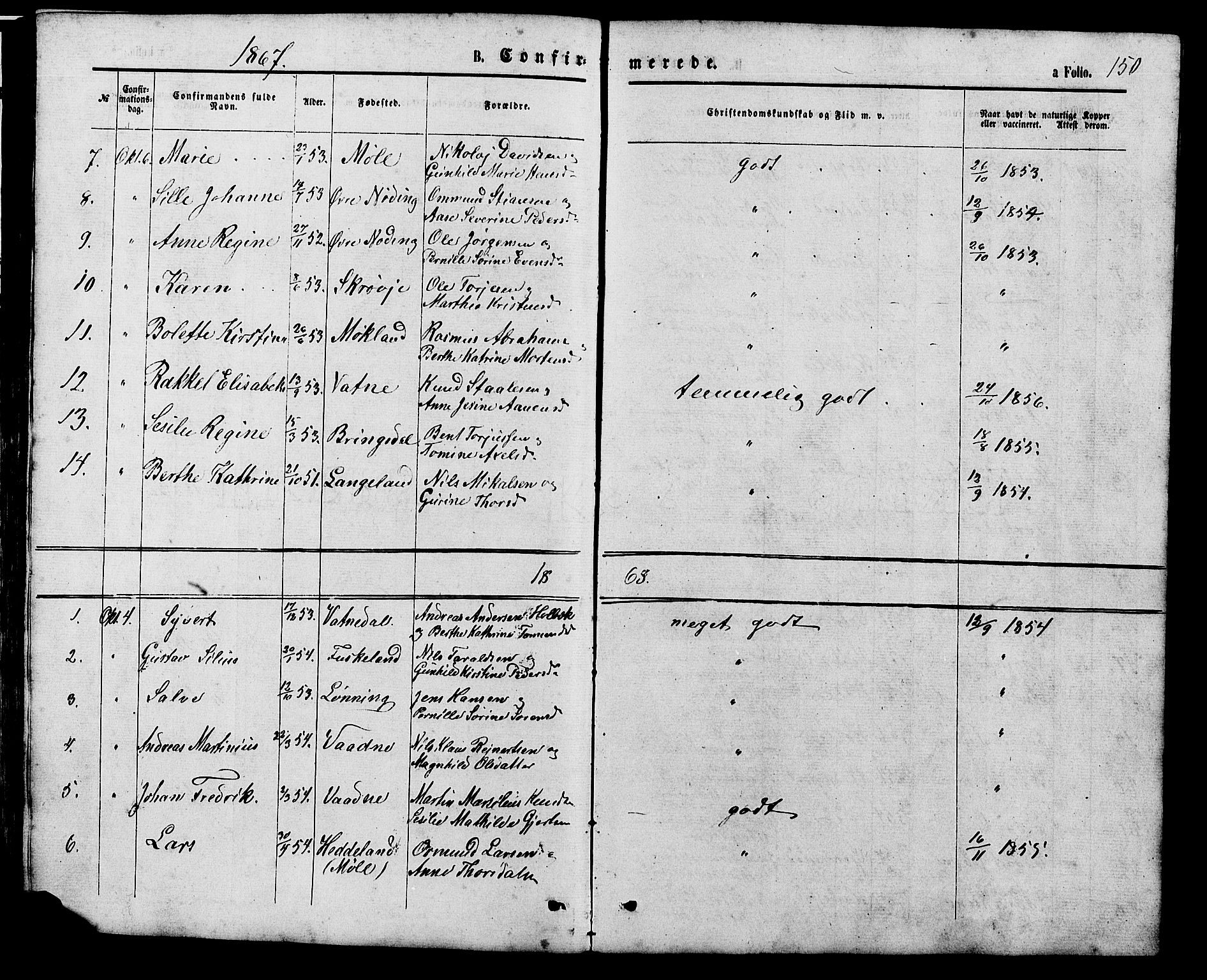 Holum sokneprestkontor, SAK/1111-0022/F/Fb/Fba/L0004: Parish register (copy) no. B 4, 1867-1890, p. 150