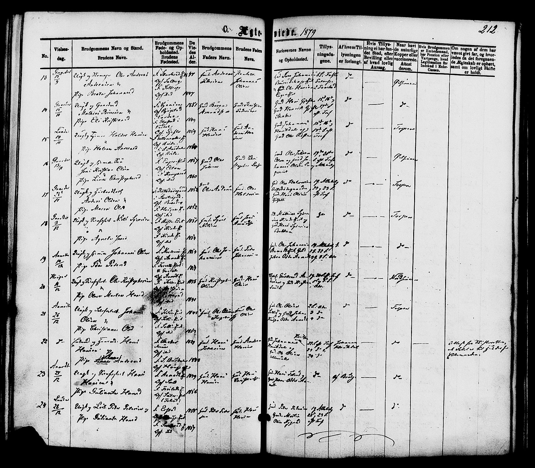 Nordre Land prestekontor, SAH/PREST-124/H/Ha/Haa/L0002: Parish register (official) no. 2, 1872-1881, p. 212