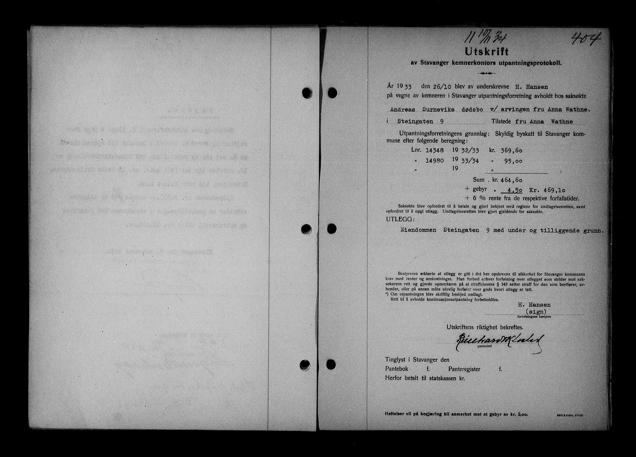 Stavanger byrett, AV/SAST-A-100455/001/4/41/410BB/L0007: Mortgage book no. 57, 1934-1934, Deed date: 10.11.1934