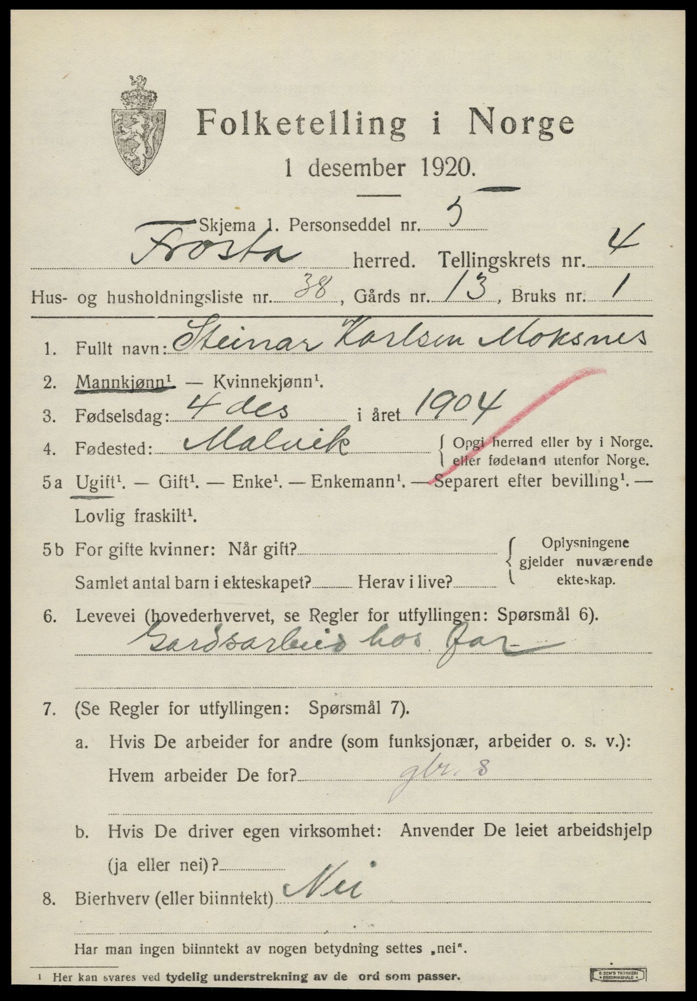 SAT, 1920 census for Frosta, 1920, p. 5172