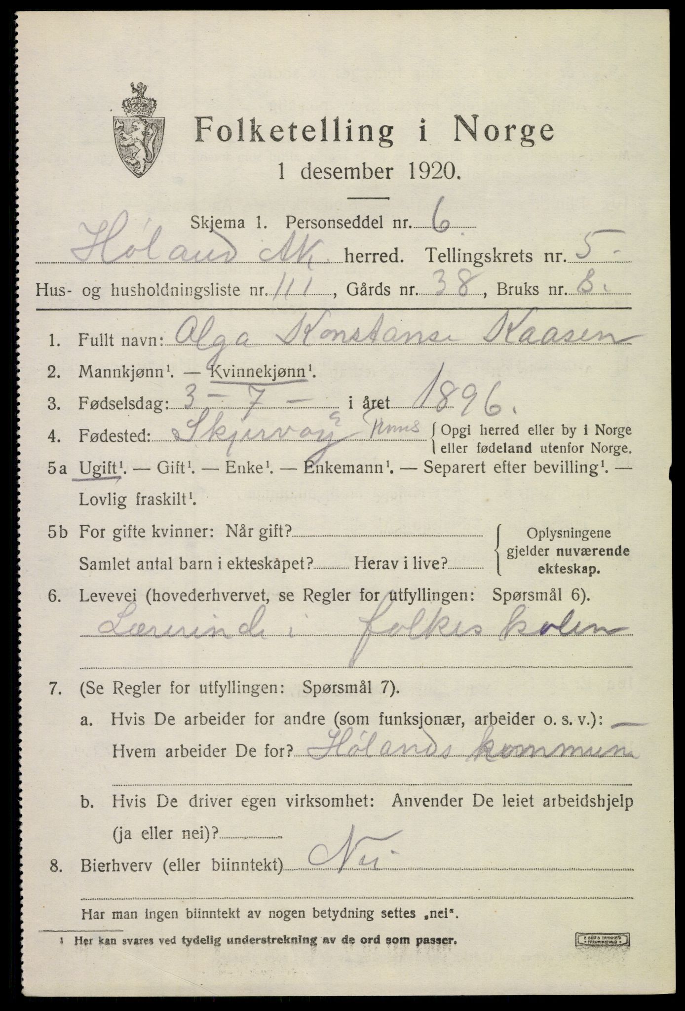 SAO, 1920 census for Høland, 1920, p. 8361