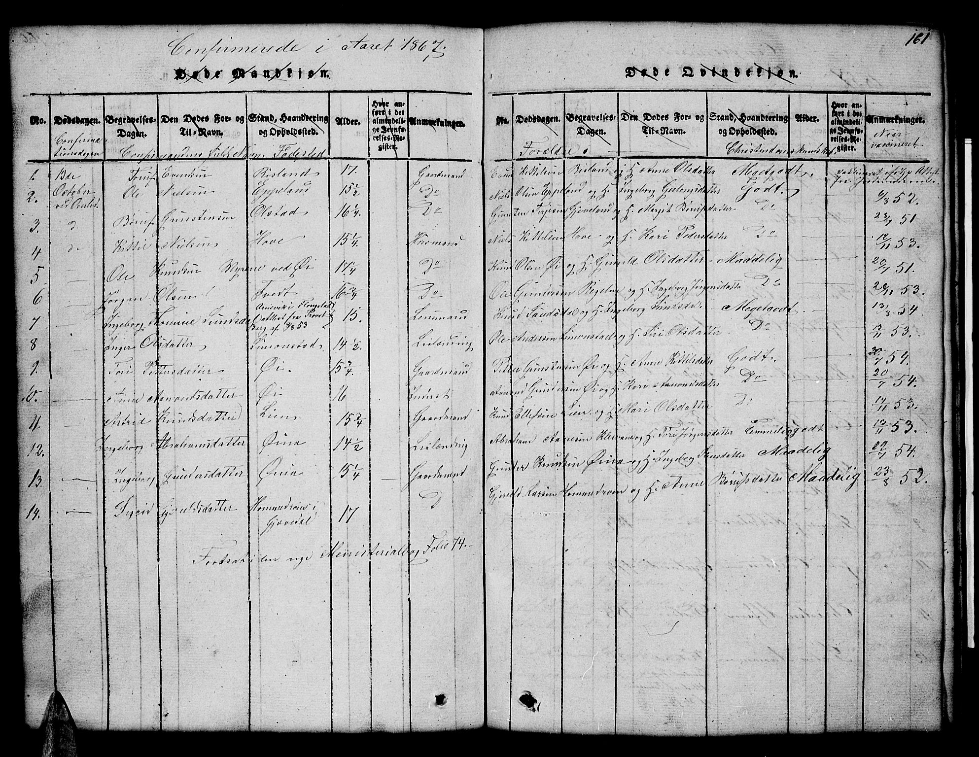 Åmli sokneprestkontor, SAK/1111-0050/F/Fb/Fbc/L0001: Parish register (copy) no. B 1, 1816-1867, p. 161