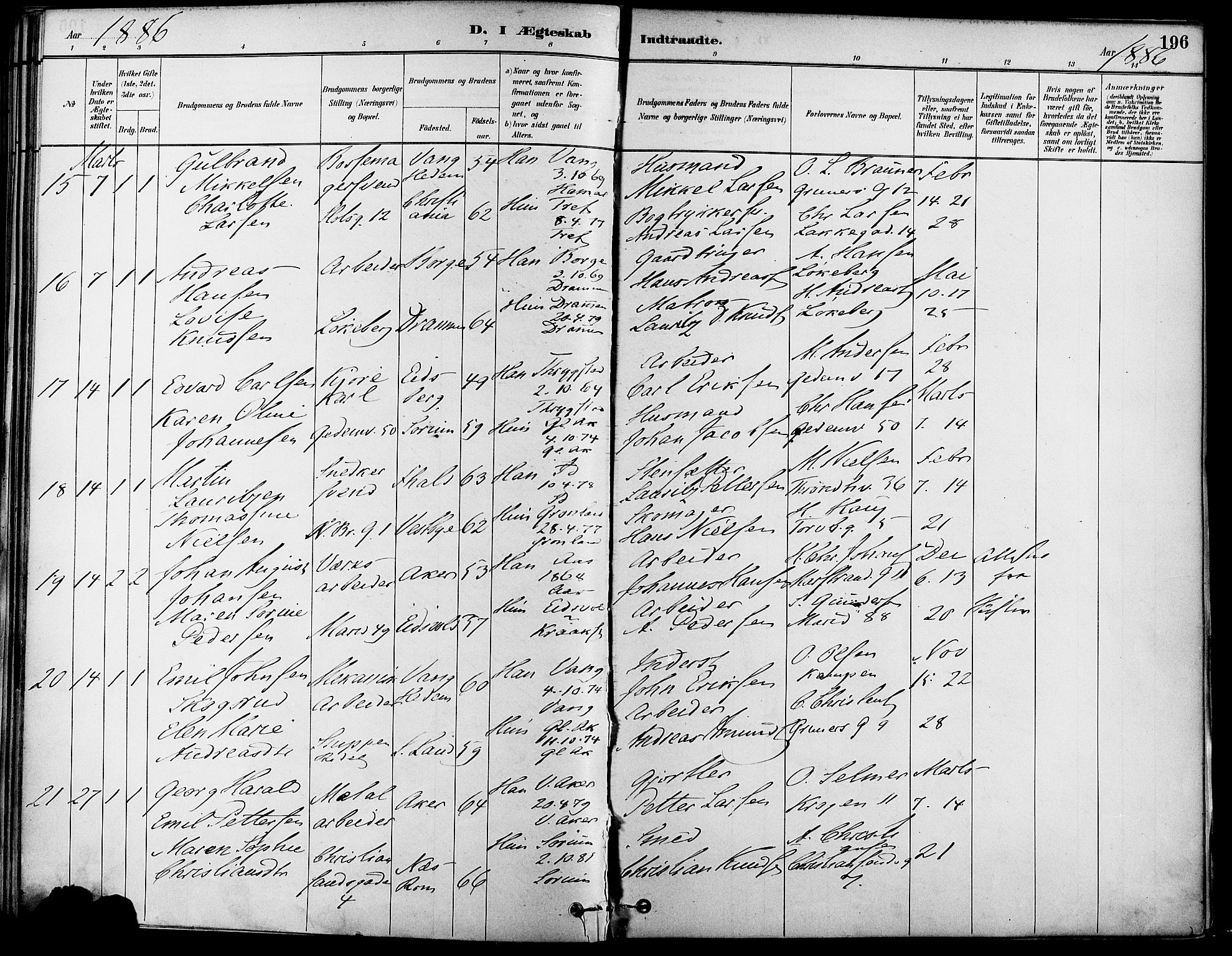 Gamle Aker prestekontor Kirkebøker, SAO/A-10617a/F/L0007: Parish register (official) no. 7, 1882-1890, p. 196