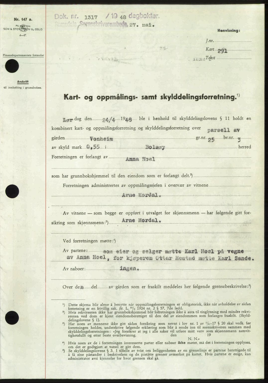 Romsdal sorenskriveri, AV/SAT-A-4149/1/2/2C: Mortgage book no. A26, 1948-1948, Diary no: : 1317/1948