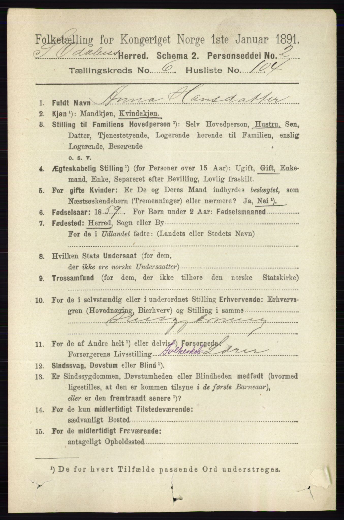 RA, 1891 census for 0419 Sør-Odal, 1891, p. 3485