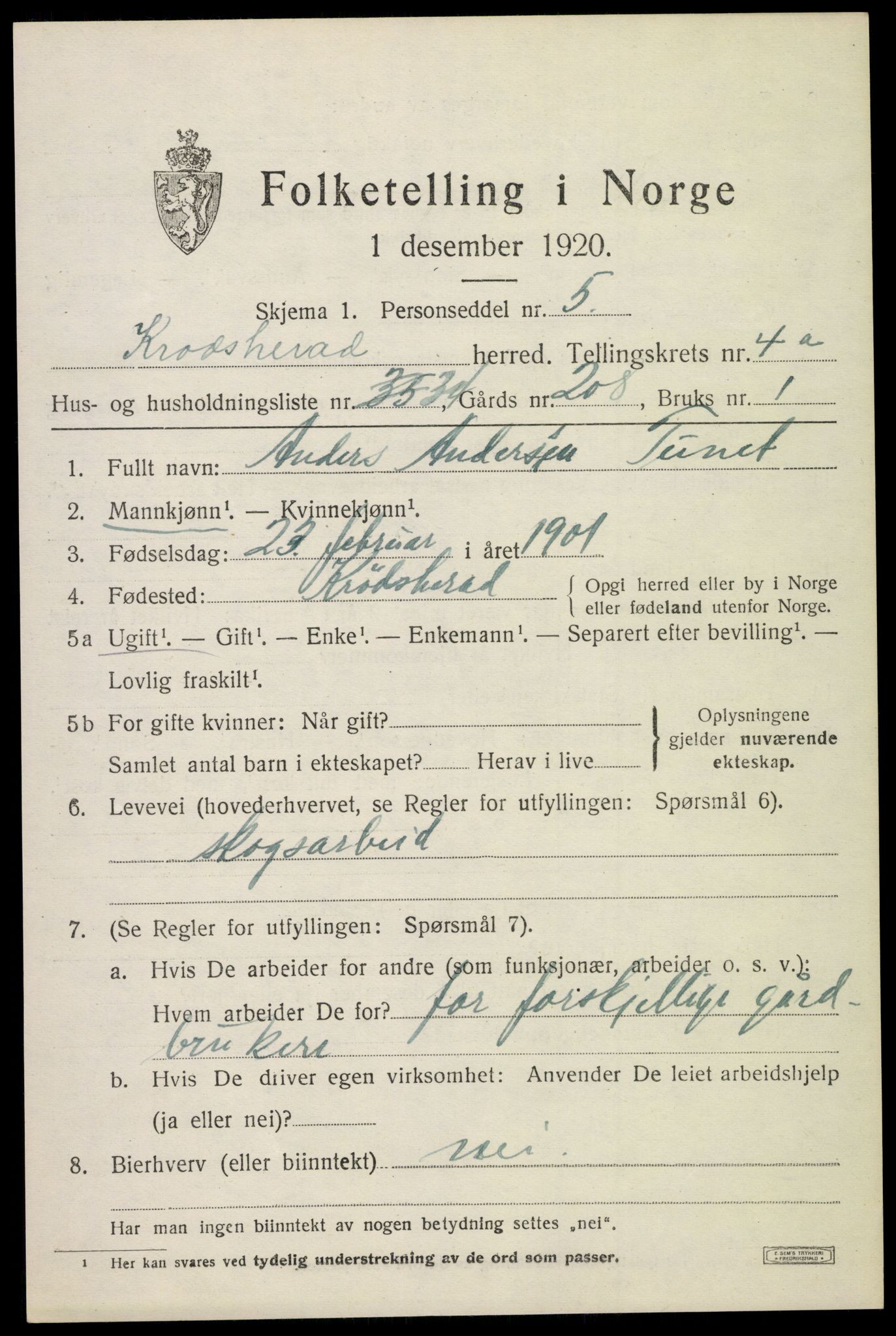 SAKO, 1920 census for Krødsherad, 1920, p. 4945