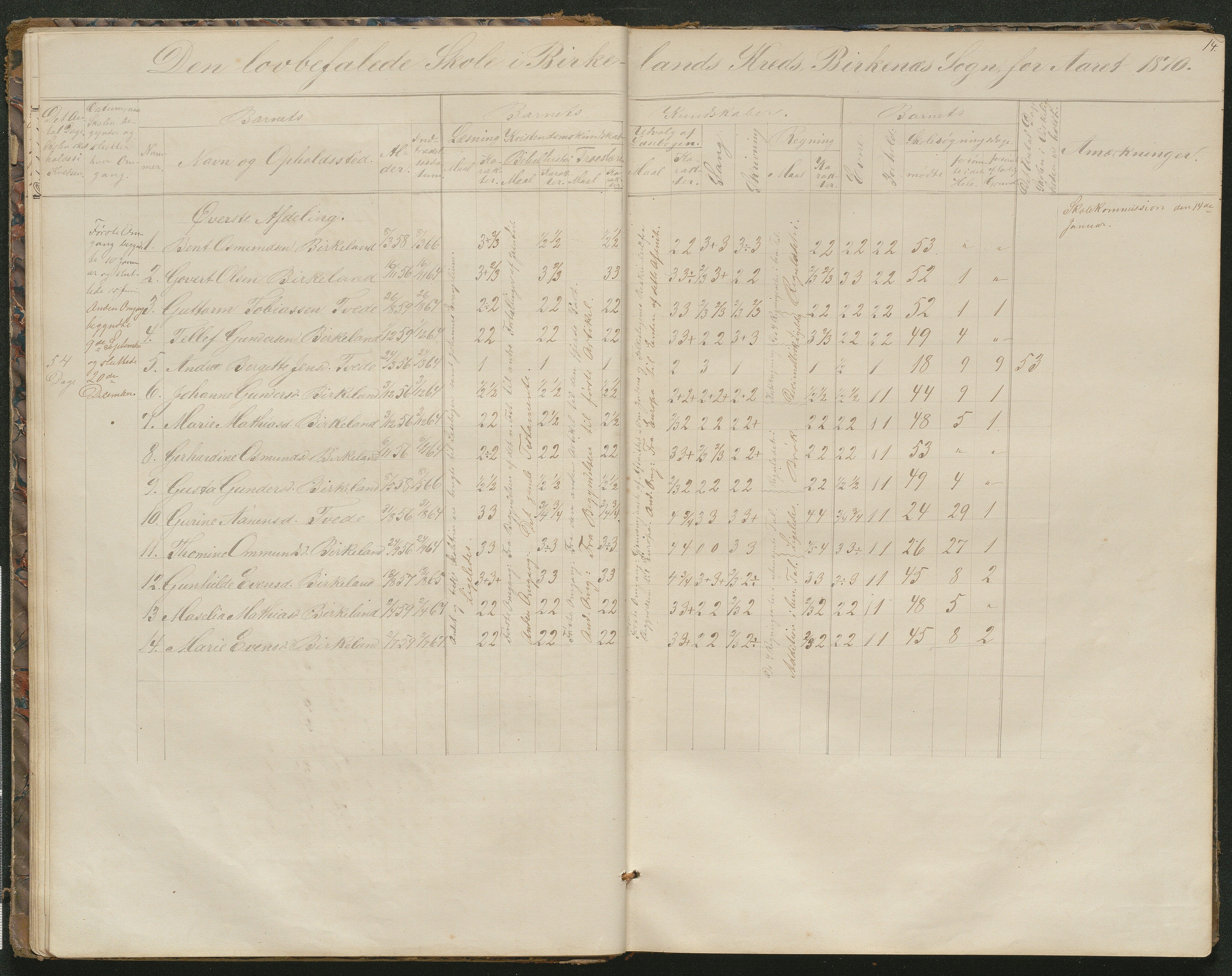 Birkenes kommune, Birkenes krets/Birkeland folkeskole frem til 1991, AAKS/KA0928-550a_91/F02/L0001: Skoleprotokoll, 1862-1896, p. 14