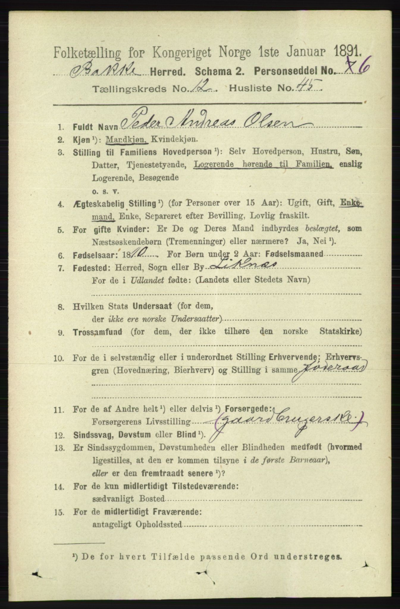 RA, 1891 census for 1045 Bakke, 1891, p. 2665