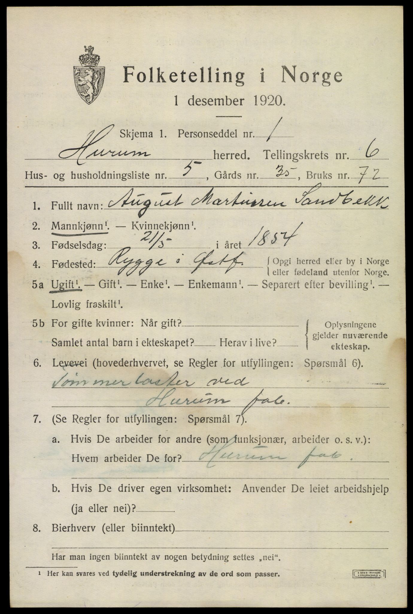 SAKO, 1920 census for Hurum, 1920, p. 7128