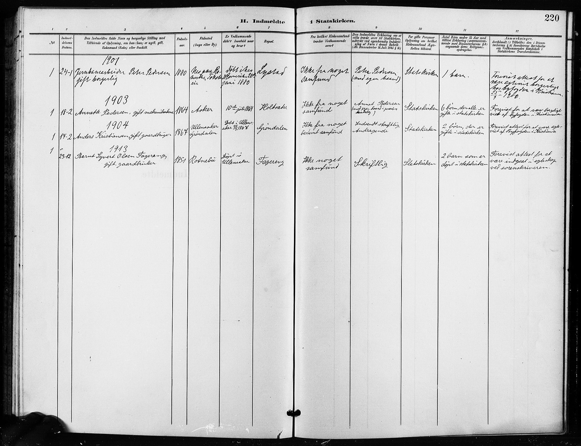 Ullensaker prestekontor Kirkebøker, AV/SAO-A-10236a/G/Ga/L0002: Parish register (copy) no. I 2, 1901-1913, p. 220