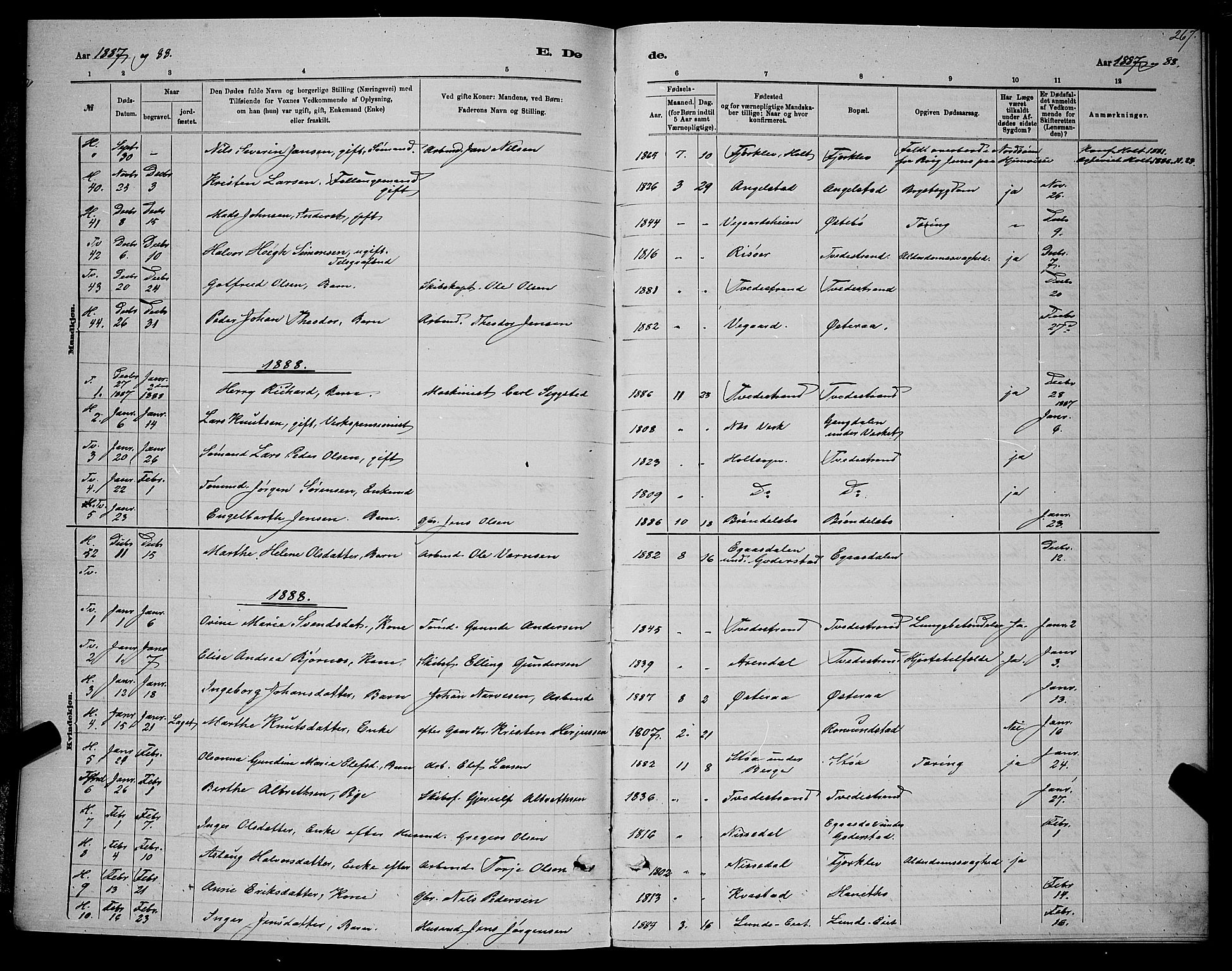 Holt sokneprestkontor, AV/SAK-1111-0021/F/Fb/L0010: Parish register (copy) no. B 10, 1883-1896, p. 267