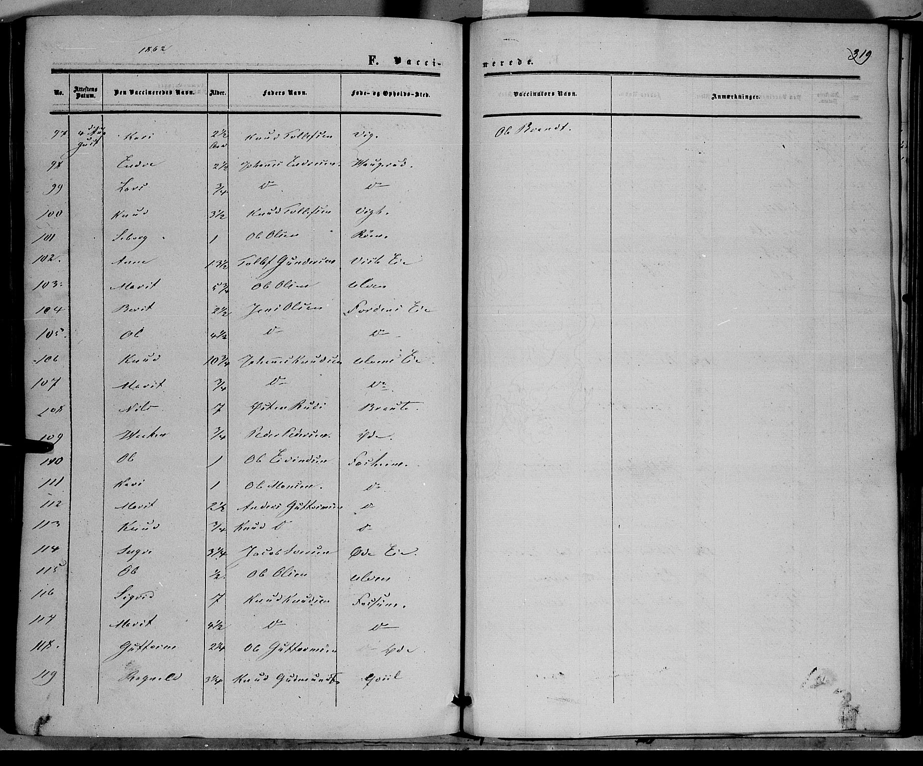 Vestre Slidre prestekontor, AV/SAH-PREST-136/H/Ha/Haa/L0002: Parish register (official) no. 2, 1856-1864, p. 319