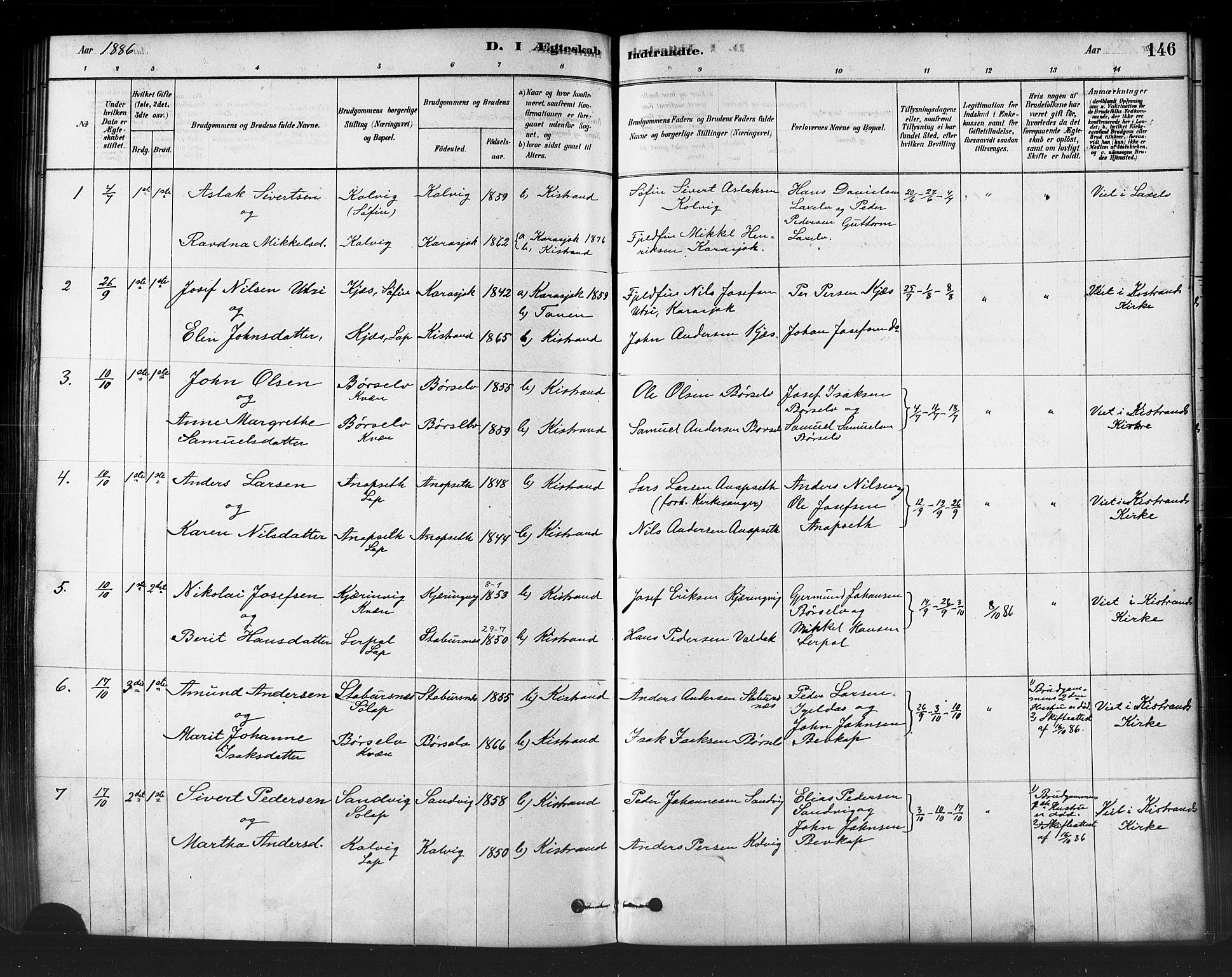 Kistrand/Porsanger sokneprestembete, AV/SATØ-S-1351/H/Ha/L0007.kirke: Parish register (official) no. 7, 1881-1889, p. 146