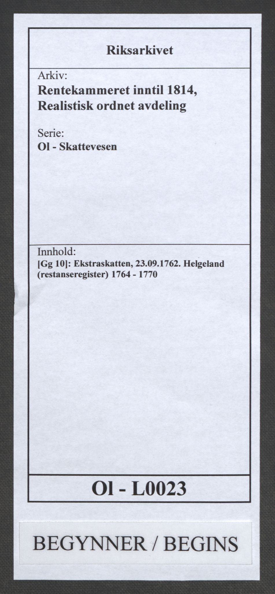 Rentekammeret inntil 1814, Realistisk ordnet avdeling, RA/EA-4070/Ol/L0023: [Gg 10]: Ekstraskatten, 23.09.1762. Helgeland (restanseregister), 1767-1772, p. 1