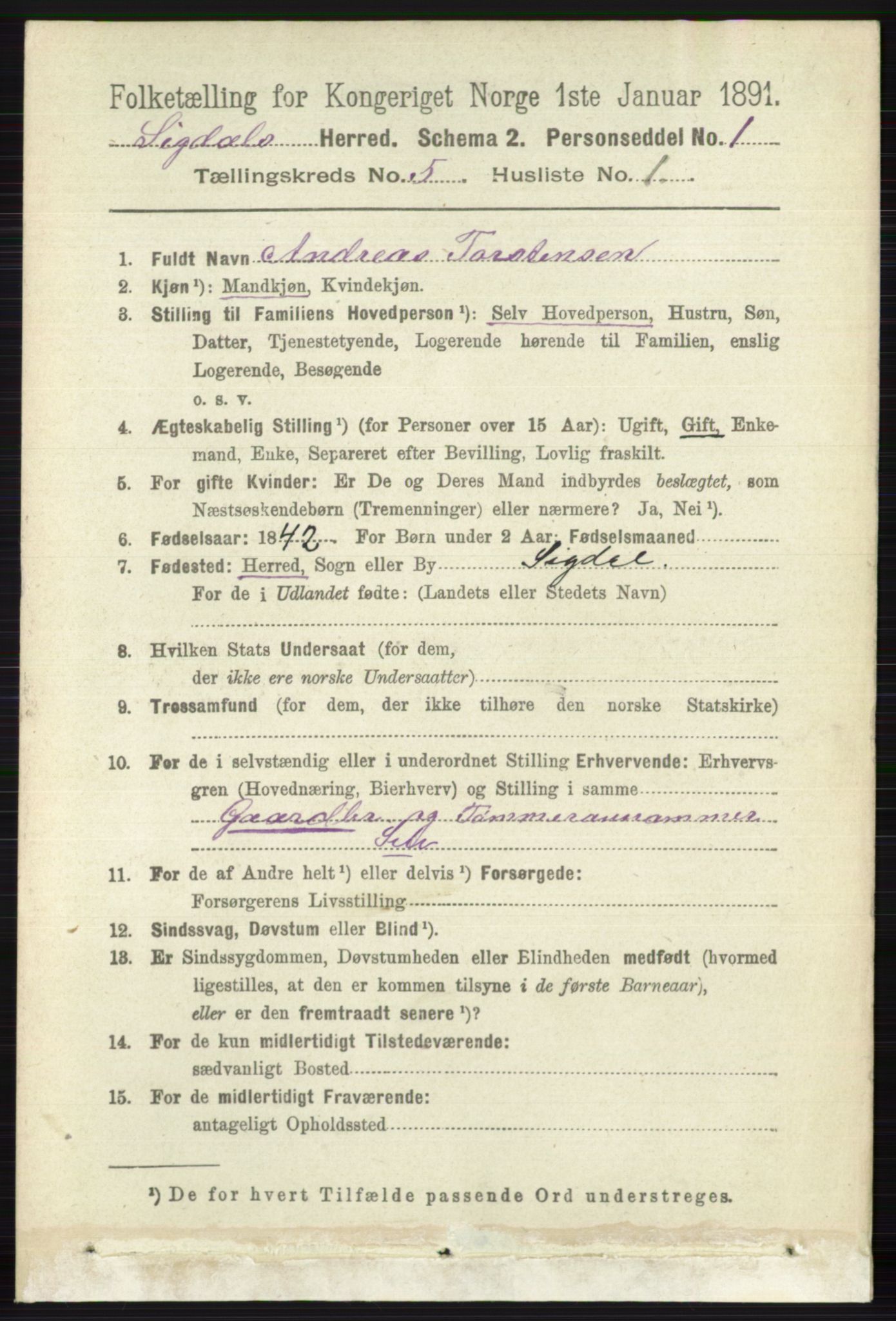 RA, 1891 census for 0621 Sigdal, 1891, p. 1929