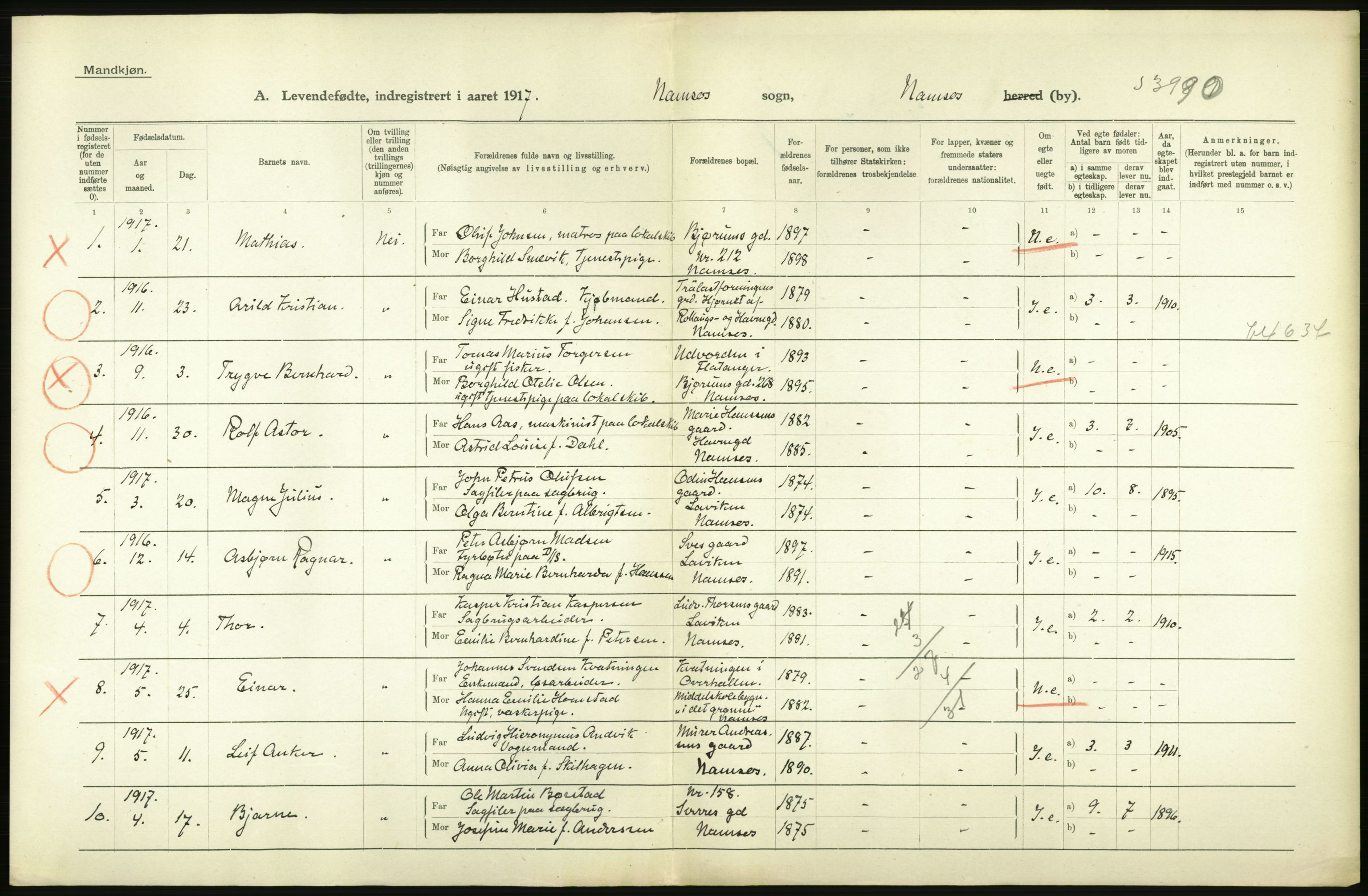 Statistisk sentralbyrå, Sosiodemografiske emner, Befolkning, AV/RA-S-2228/D/Df/Dfb/Dfbg/L0048: N. Bergenhus amt: Levendefødte menn og kvinner. Bygder og byer., 1917, p. 530