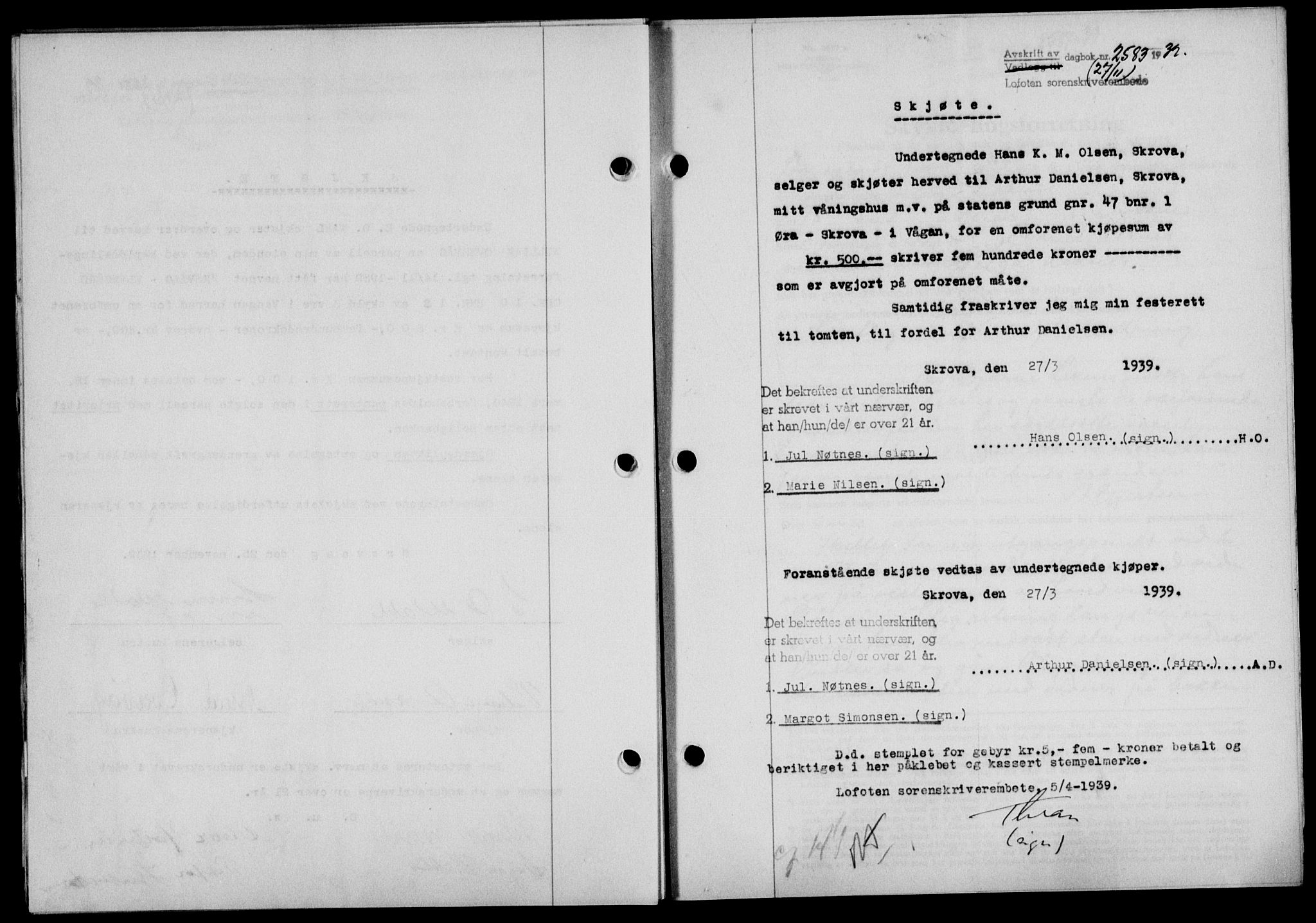 Lofoten sorenskriveri, SAT/A-0017/1/2/2C/L0006a: Mortgage book no. 6a, 1939-1939, Diary no: : 2583/1939