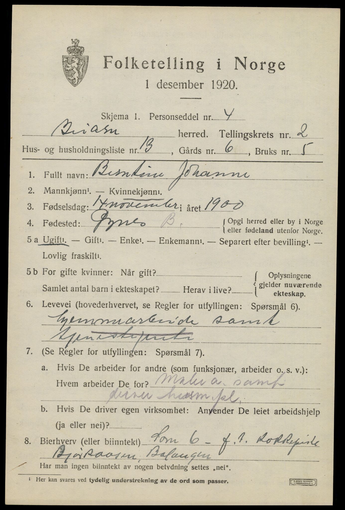 SAT, 1920 census for Beiarn, 1920, p. 1090