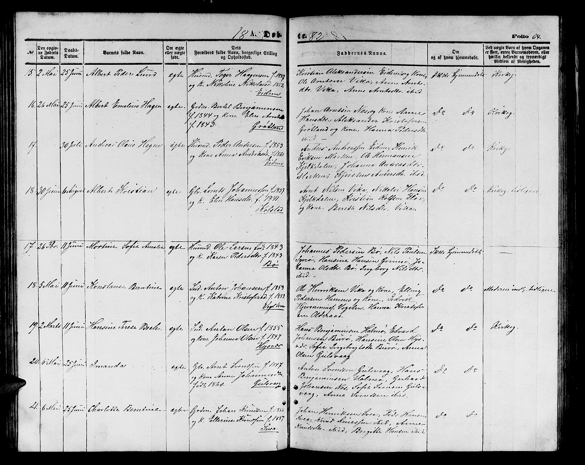 Ministerialprotokoller, klokkerbøker og fødselsregistre - Nordland, AV/SAT-A-1459/816/L0252: Parish register (copy) no. 816C02, 1871-1885, p. 64