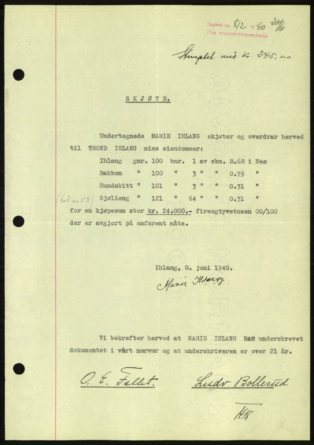 Nes tingrett, SAO/A-10548/G/Gb/Gbb/L0010: Mortgage book no. 54, 1939-1940, Diary no: : 812/1940
