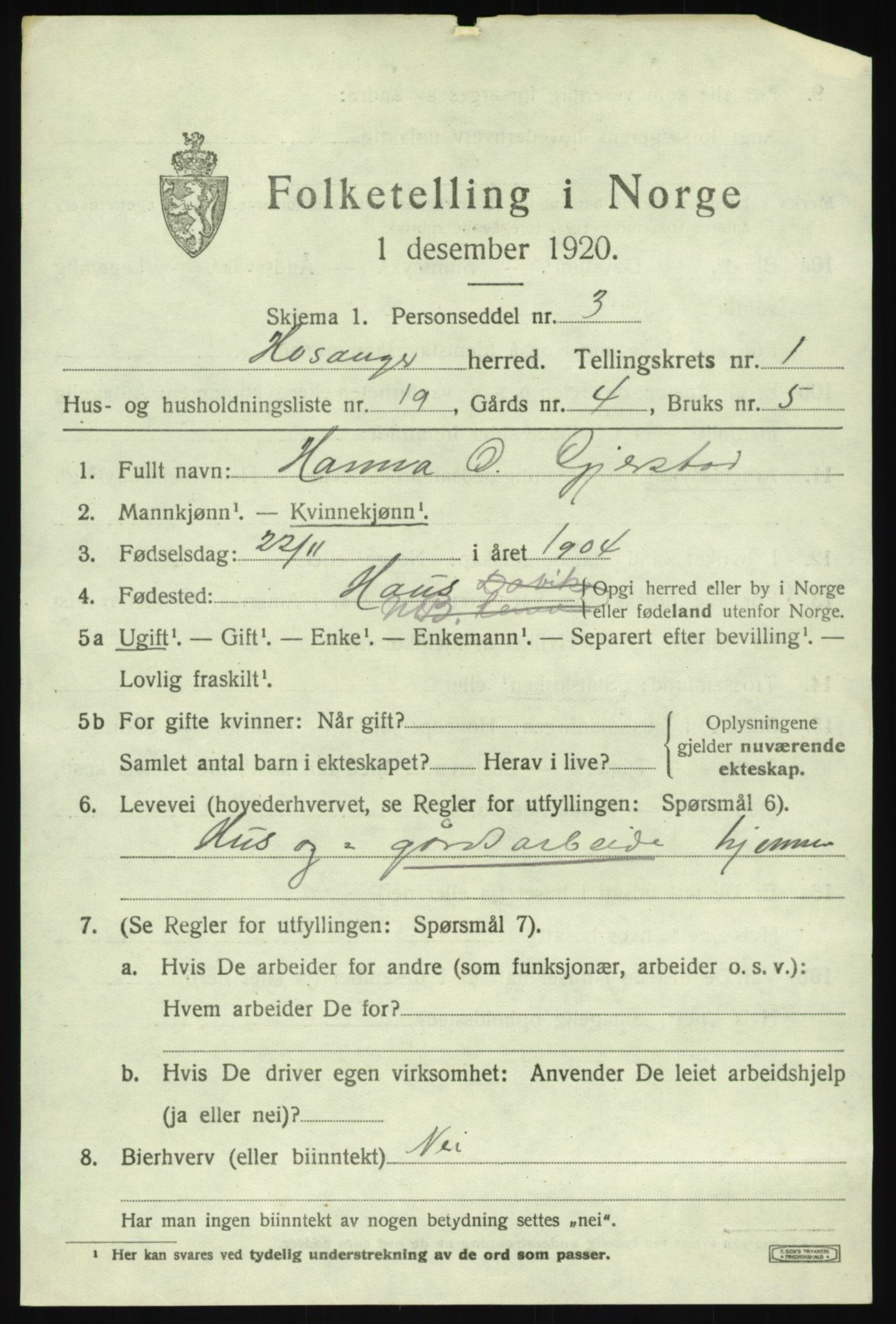 SAB, 1920 census for Hosanger, 1920, p. 1153