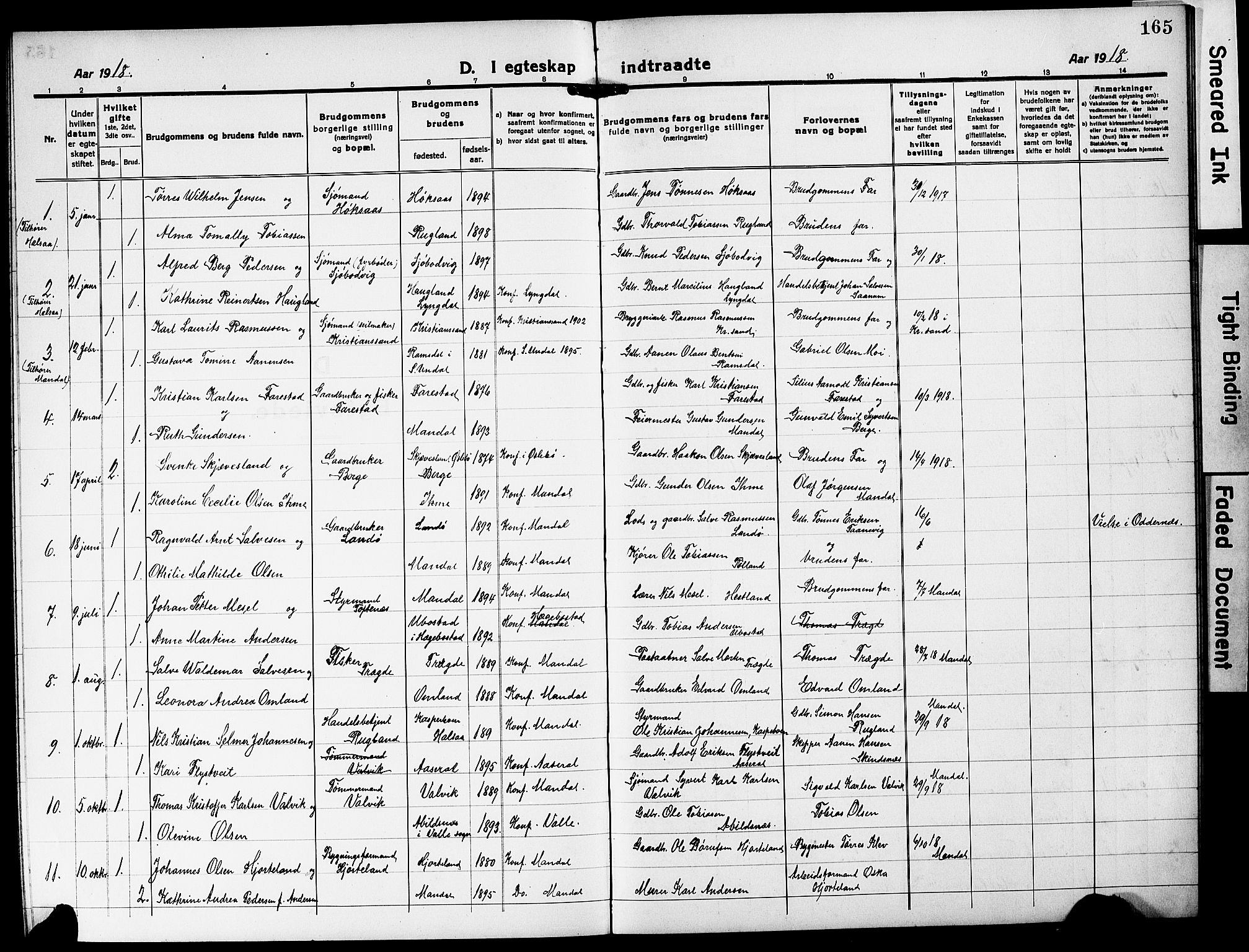 Mandal sokneprestkontor, SAK/1111-0030/F/Fb/Fba/L0013: Parish register (copy) no. B 7, 1918-1931, p. 165